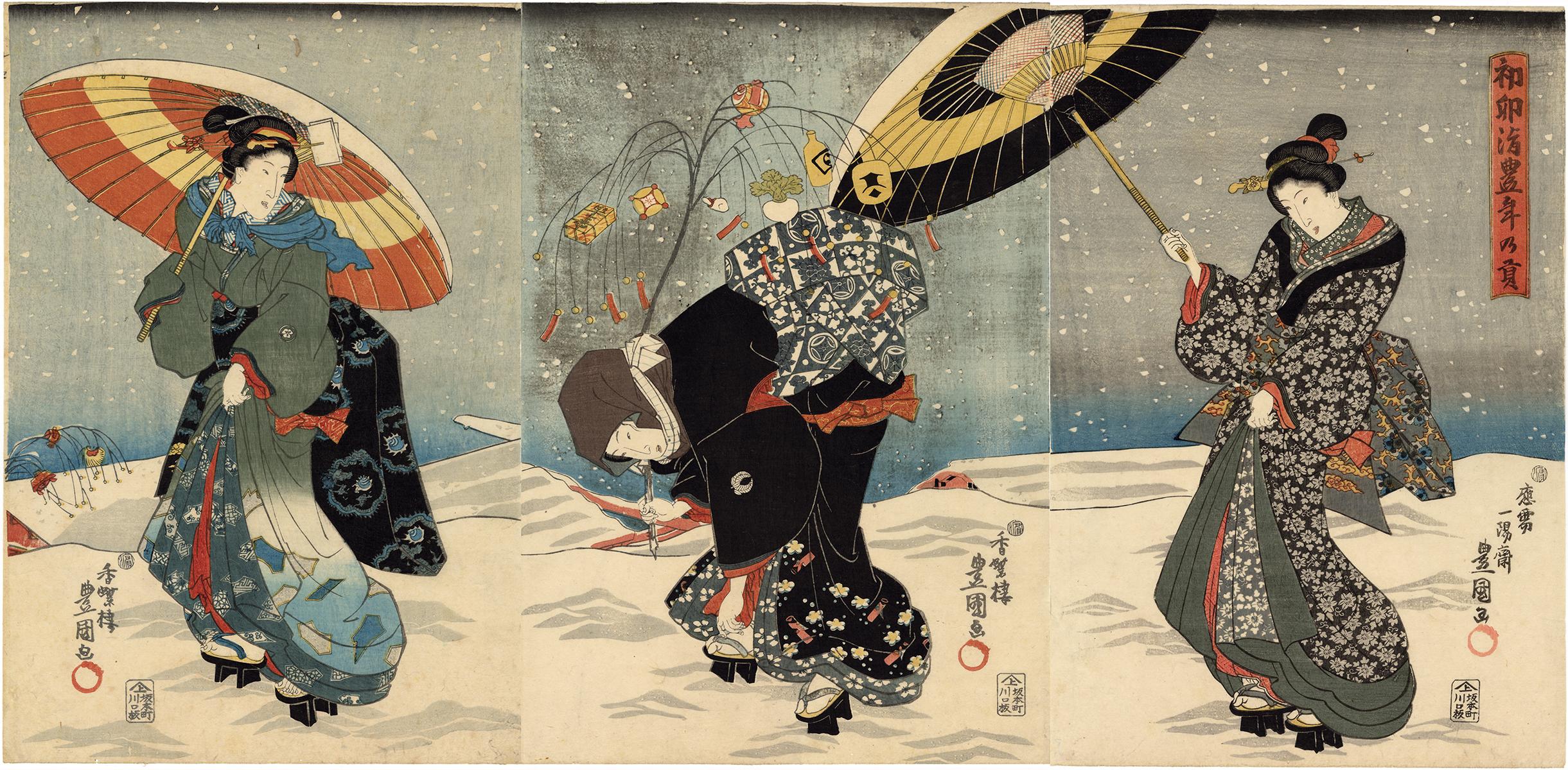 Utagawa Kunisada (Toyokuni III) Figurative Print - Japanese Beauties With Umbrellas in the Snow Visit the Shinto Shrine
