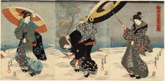 Japanese Beauties With Umbrellas in the Snow Visit the Shinto Shrine