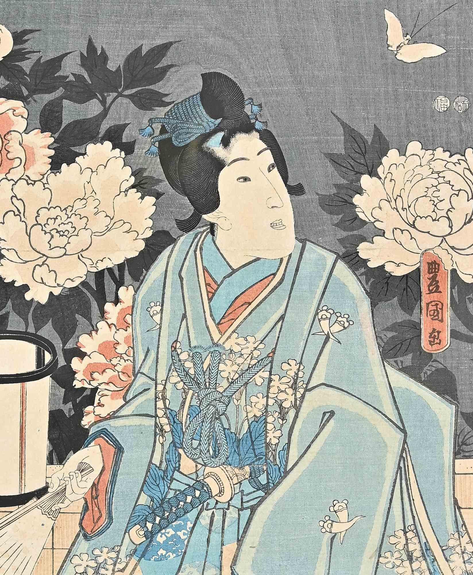 Kabuki-Künstler – Holzschnitt mit Druck von Utagawa Kunisada – Mitte des 19. Jahrhunderts – Print von Utagawa Kunisada (Toyokuni III)