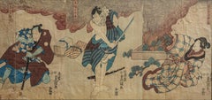 "Escena de combate de actores de kabuki" Antigua xilografía japonesa de samurais