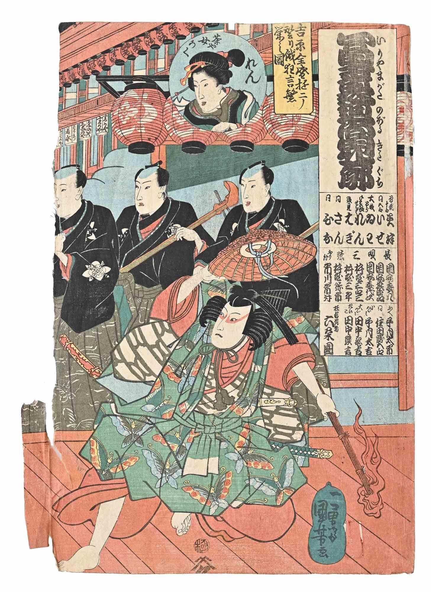 Utagawa Kunisada (Toyokuni III) Figurative Print - Kabuki Scene - Woodblock Print by Utagawa Kunisada - Mid-19th Century