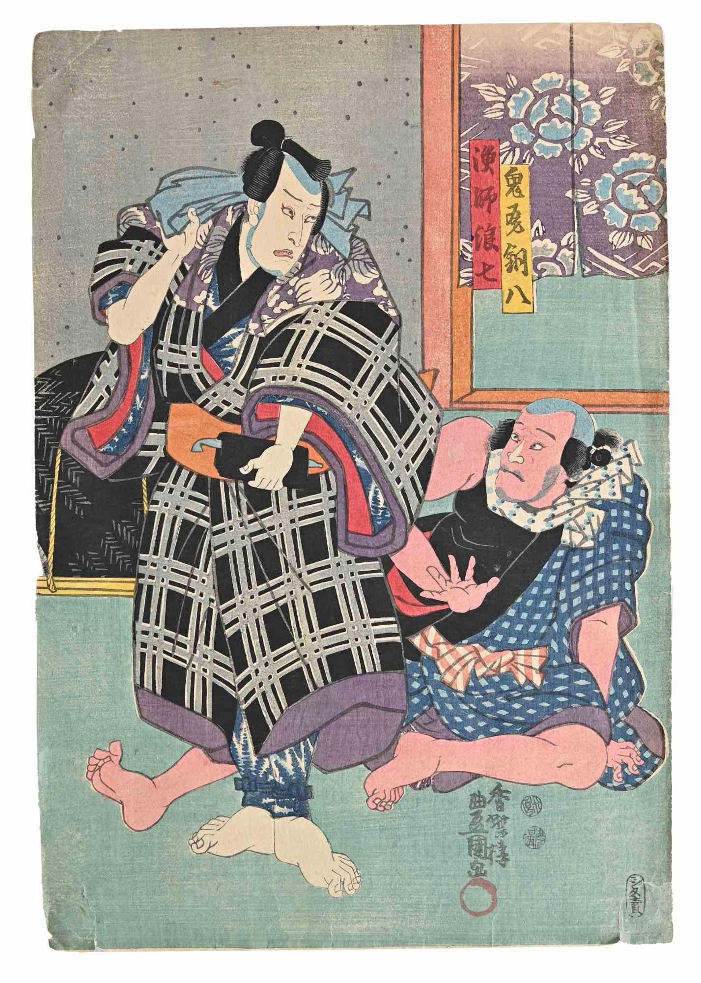 Utagawa Kunisada (Toyokuni III) Figurative Print – Kabuki-Szene - Holzschnitt von Utagawa Kunisada - Mitte des 19. Jahrhunderts