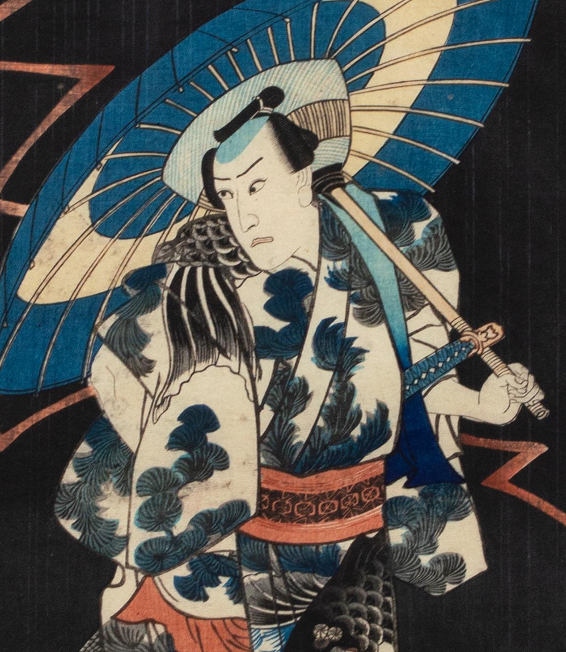 « Kawarazaki Gonjuro jouant comme Araiso no Koji », bloc de bois ukiyo-e original des années 1860 - Beige Figurative Print par Utagawa Kunisada (Toyokuni III)