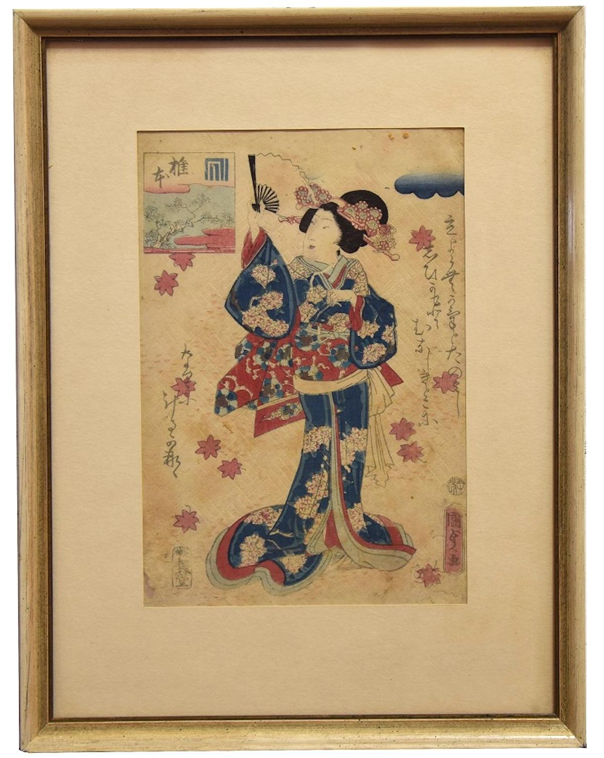 Oriental Woman with Fan - Woodcut by Utagawa Kunisada - 1860s - Print by Utagawa Kunisada (Toyokuni III)