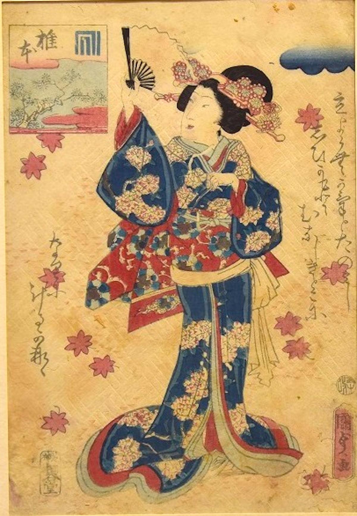 Utagawa Kunisada (Toyokuni III) Figurative Print - Oriental Woman with Fan - Woodcut by Utagawa Kunisada - 1860s