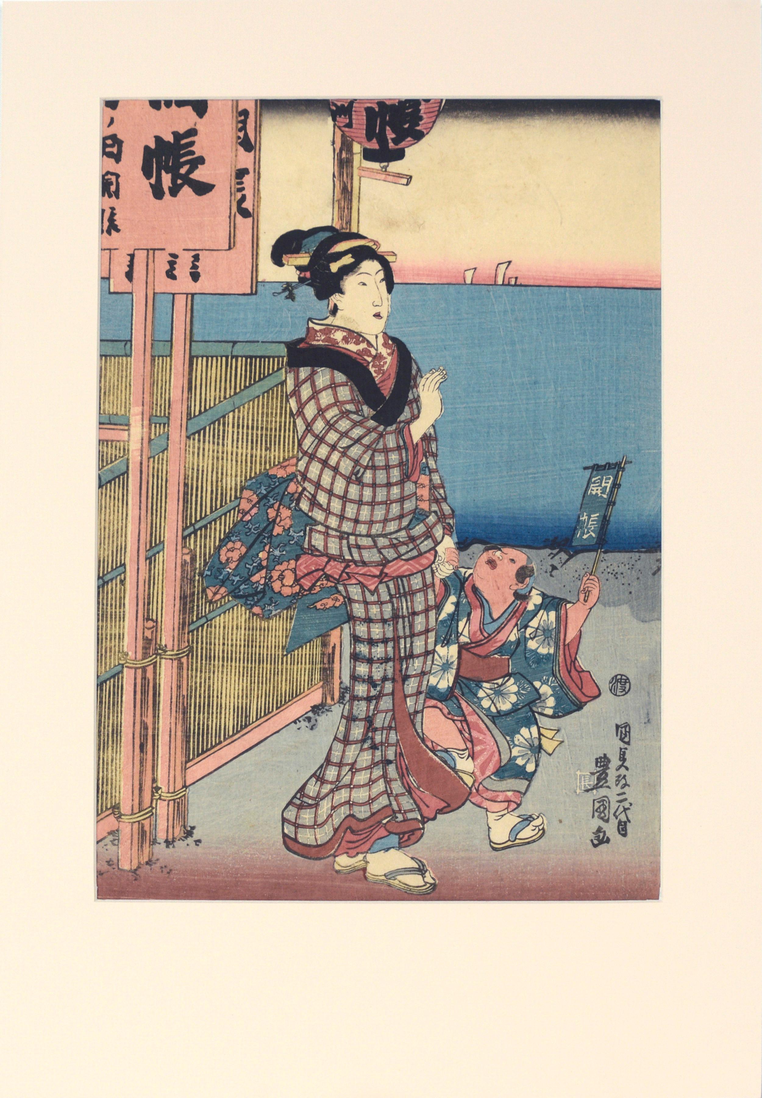 Utagawa Kunisada (Toyokuni III) Landscape Print - Page from "Spring View in Takanawa" Mid 18th Century Ukiyo-e Print