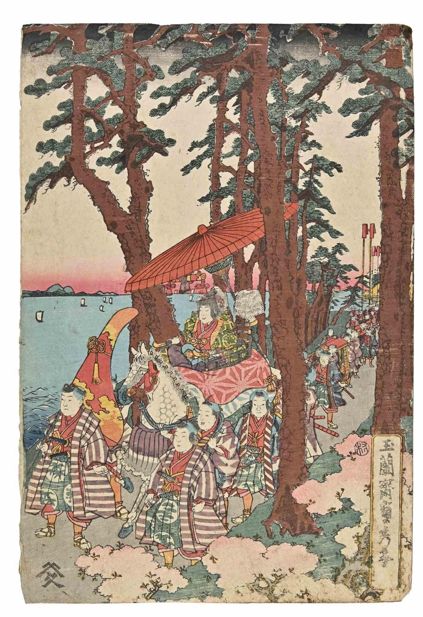 Utagawa Kunisada (Toyokuni III) Figurative Print – Parade - Holzschnitt von Utagawa Kunisada - Mitte des 19. Jahrhunderts