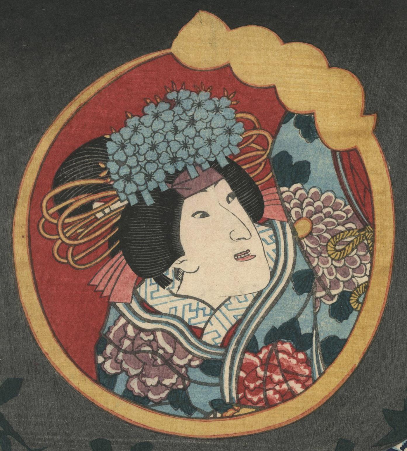 Princess Sakura in Toshidama Cartouche, the servant Seibei below - Print by Utagawa Kunisada (Toyokuni III)