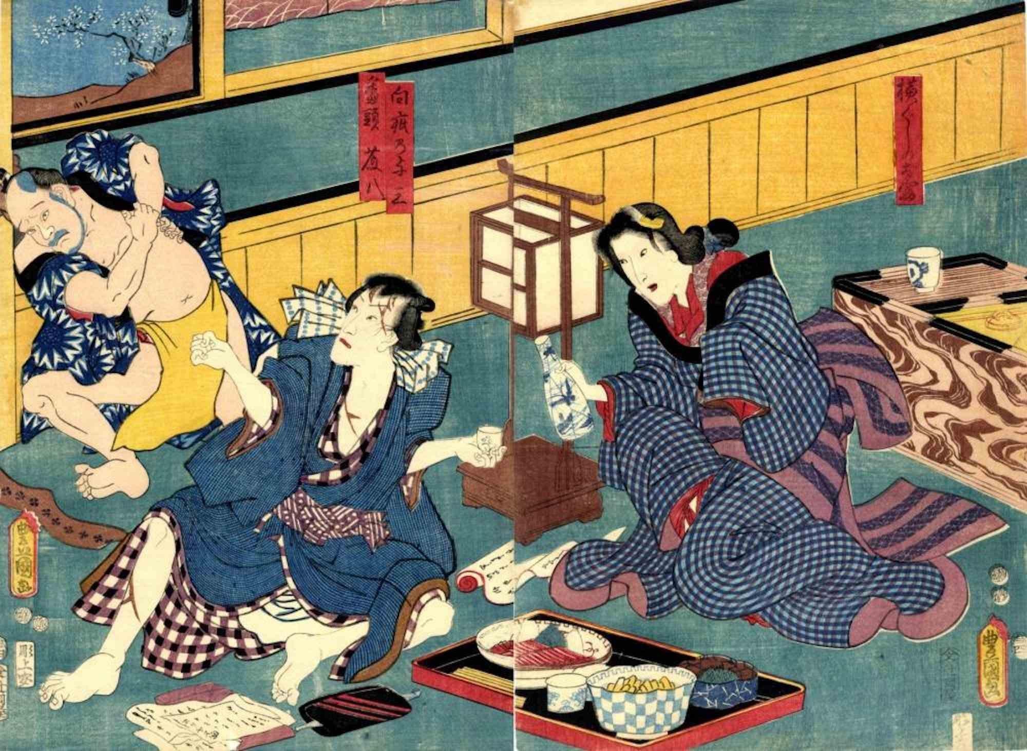 Utagawa Kunisada (Toyokuni III) Figurative Print - Romantic Drama  -  Woodcut Print by Utagawa Kunisada - 1850s