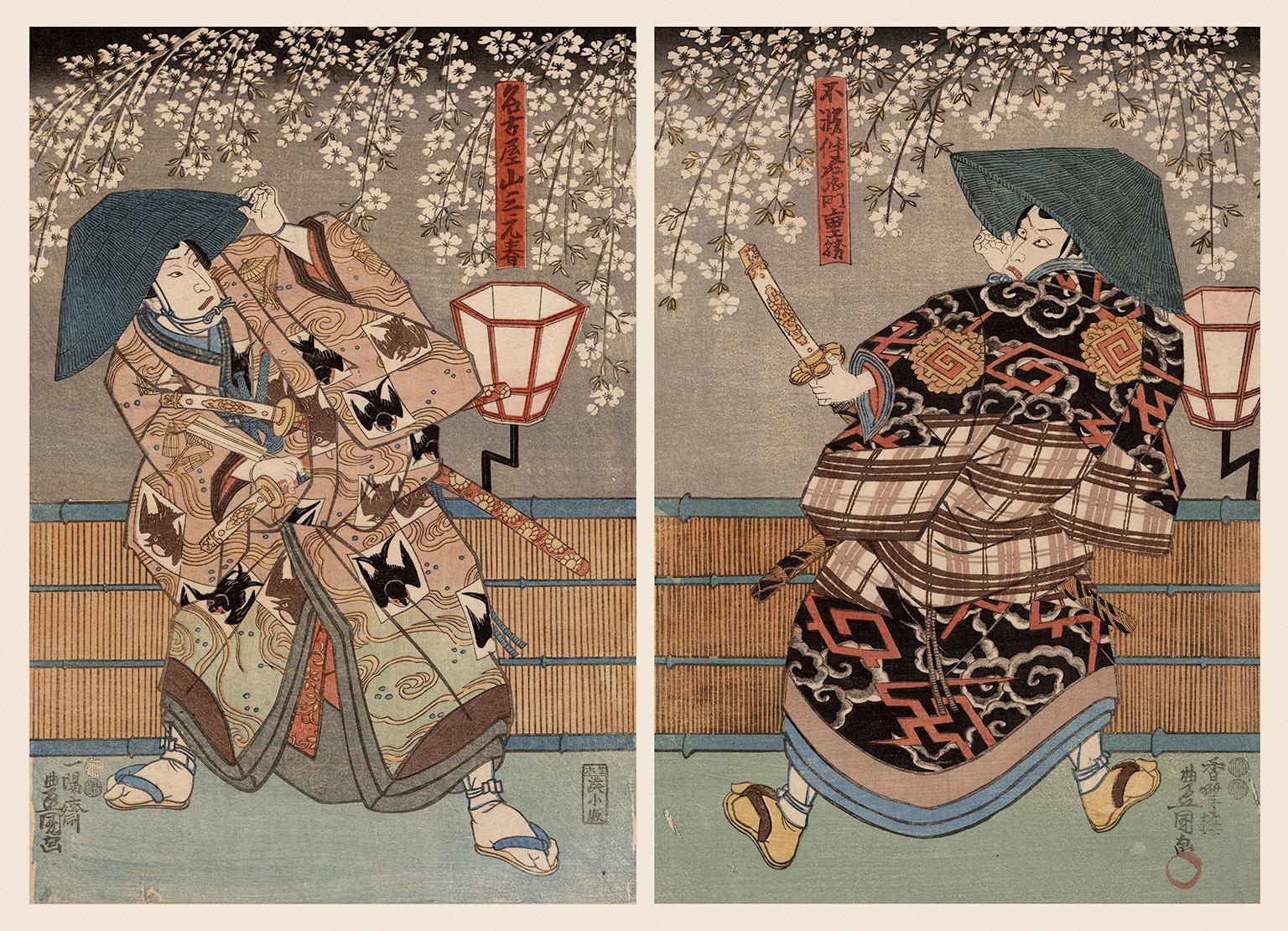 Guerriers samouraïs sous les cerisiers en fleurs - planche de bois japonaise Kabuki des années 1850