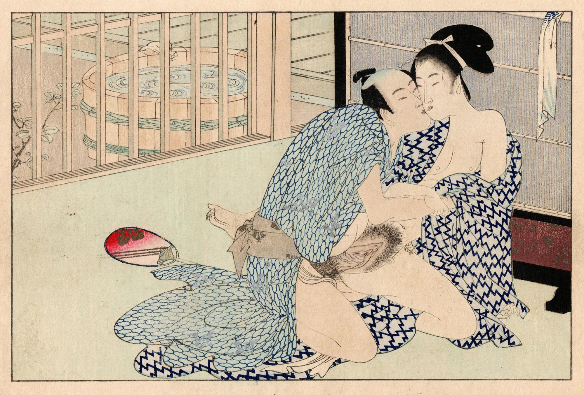 Seishi Ai-oi Genji - Satz von 12 Shunga-Werken mit astrologischem Kommentar – Print von Utagawa Kunisada (Toyokuni III)