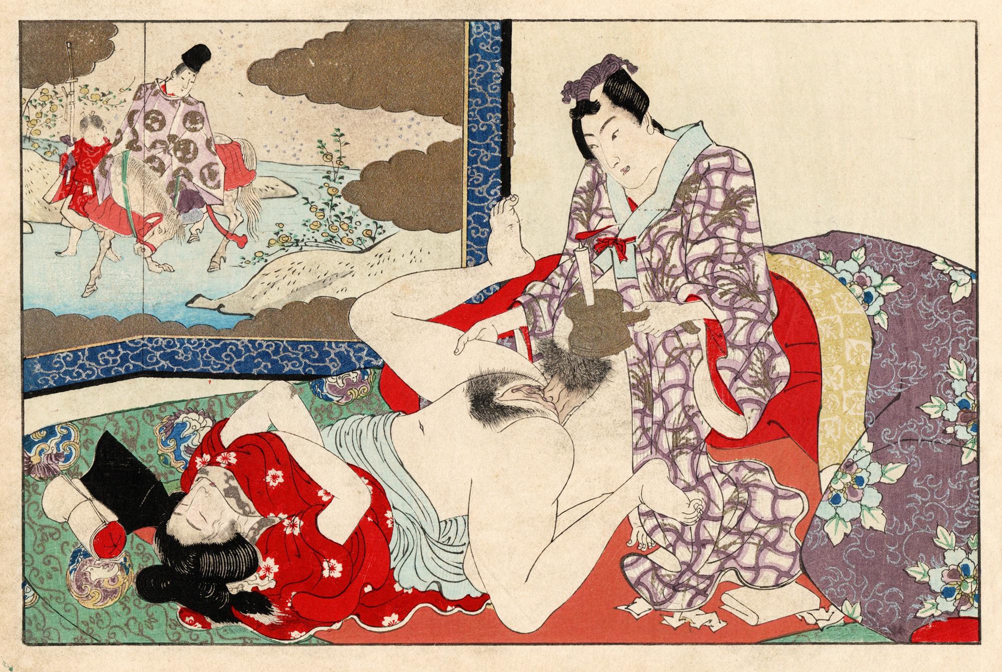 Seishi Ai-oi Genji - Satz von 12 Shunga-Werken mit astrologischem Kommentar (Edo), Print, von Utagawa Kunisada (Toyokuni III)
