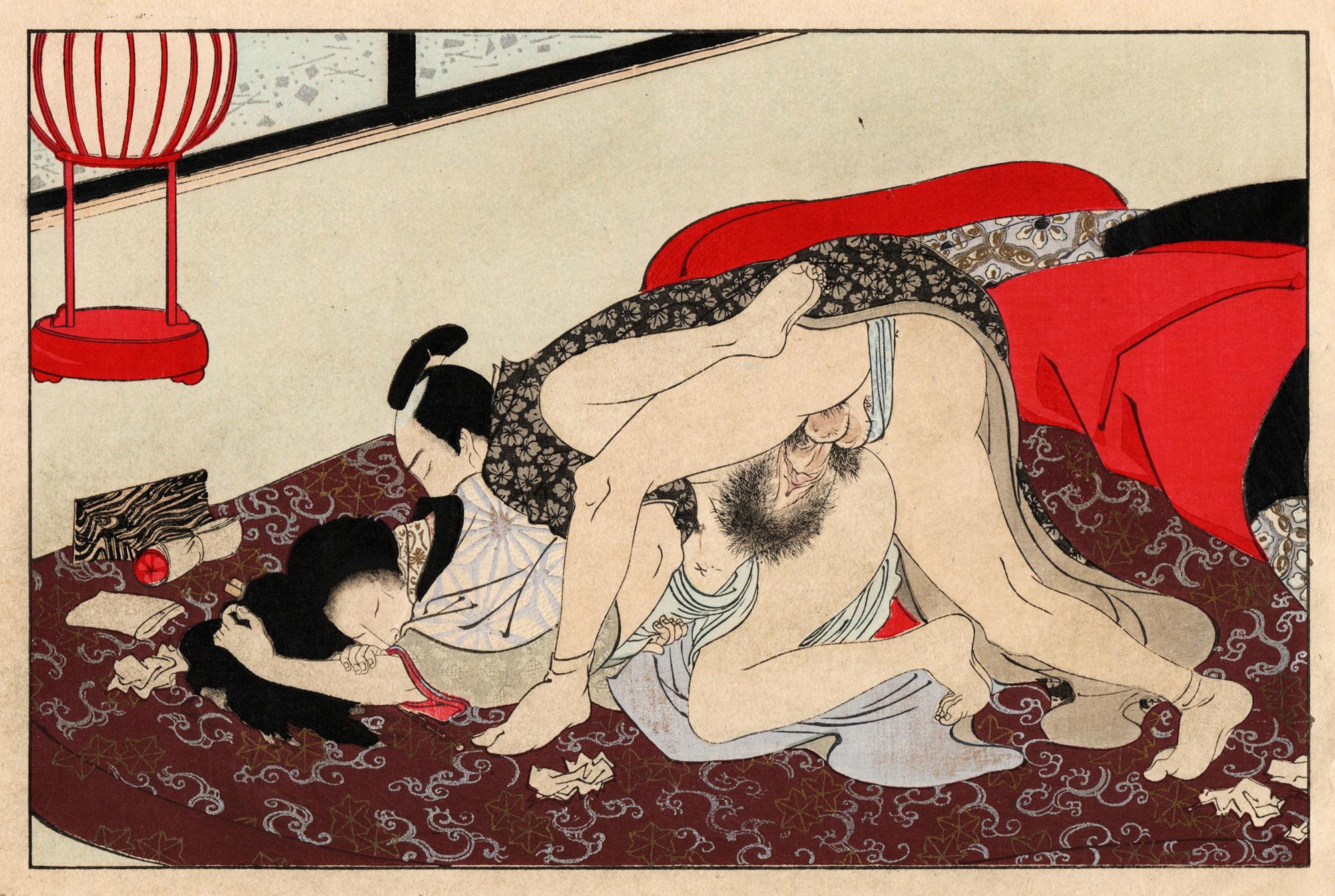 Seishi Ai-oi Genji - Satz von 12 Shunga-Werken mit astrologischem Kommentar (Beige), Figurative Print, von Utagawa Kunisada (Toyokuni III)