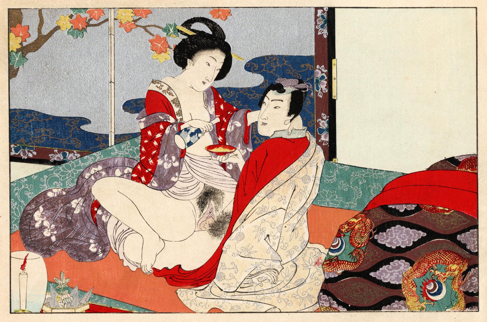 Utagawa Kunisada (Toyokuni III) Figurative Print – Seishi Ai-oi Genji - Satz von 12 Shunga-Werken mit astrologischem Kommentar