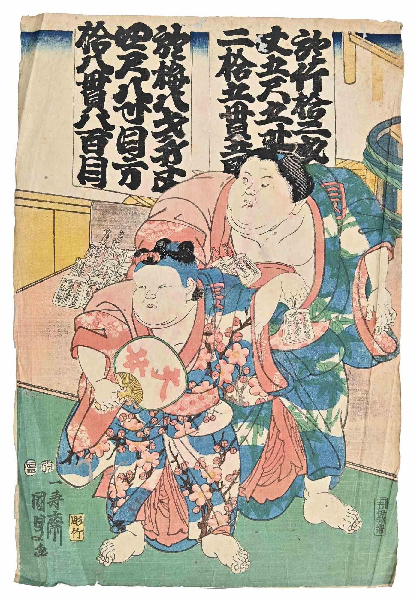 Utagawa Kunisada (Toyokuni III) Figurative Print - Sumo Fighters - Woodblock Print by Utagawa Kunisada - Mid-19th Century