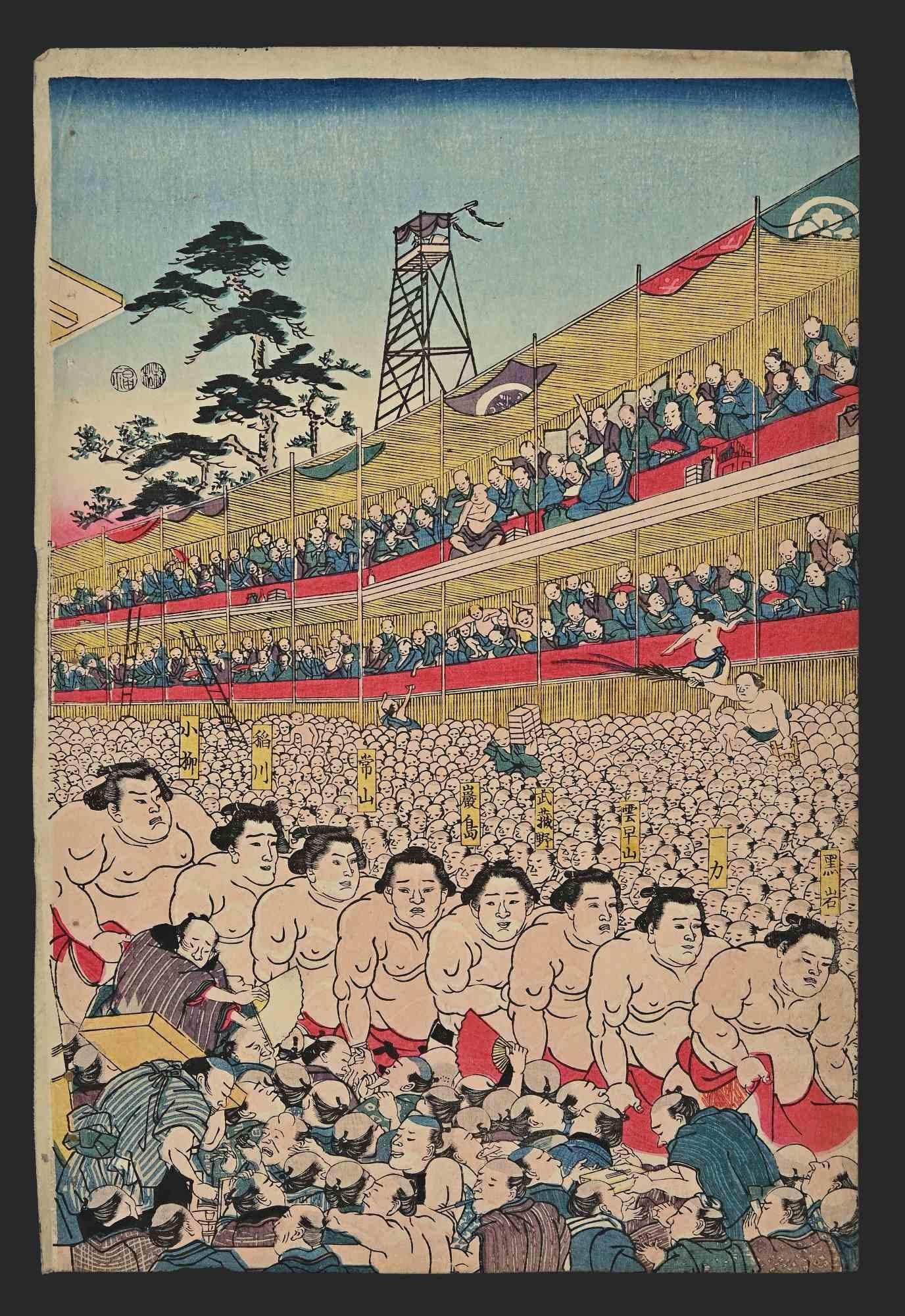 Utagawa Kunisada (Toyokuni III) Figurative Print - Sumo Tournament - Woodblock Print by Utagawa Kunisada - Mid-19th Century