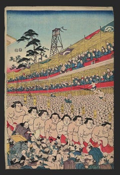 Tournoi de Sumo - Impression sur bois par Utagawa Kunisada - Milieu du 19e siècle