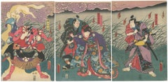 Antique Toyokuni III, Kabuki Play, White Fox, Kimono Design, Japanese Woodblock Print