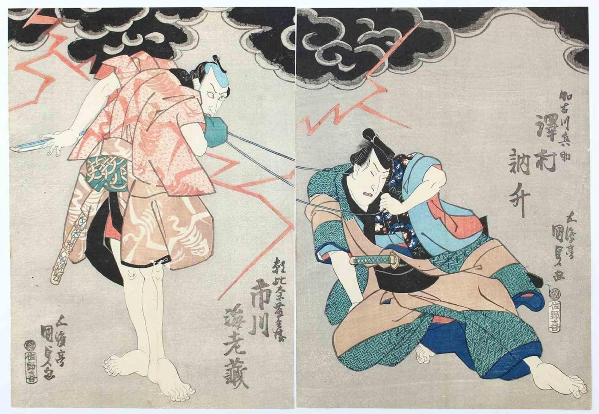 Utagawa Kunisada (Toyokuni III) Figurative Print - Two Actors in a Fight Scene with Lightning and... by Utagawa Kunisada - 1820s