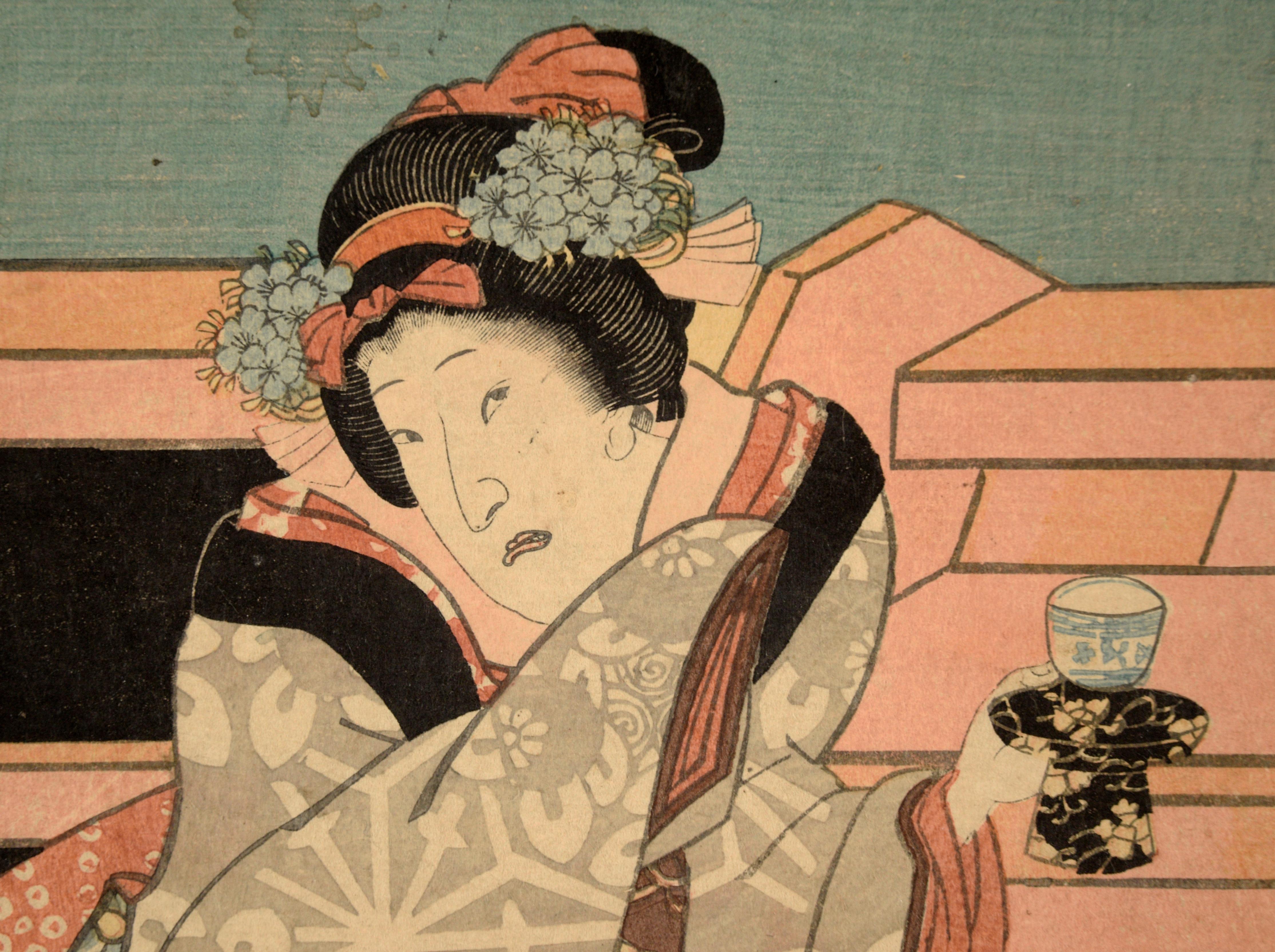 Woman Drinking Tea - Mid 19th Century Figurative Japanese Woodblock Print

Beautiful mid 19th century figural Japanese woodblock print of a woman drinking tea by Utagawa Toyokuni III (Kunisada) (Japanese, 1786-1864/5). Artist's chop is in the lower