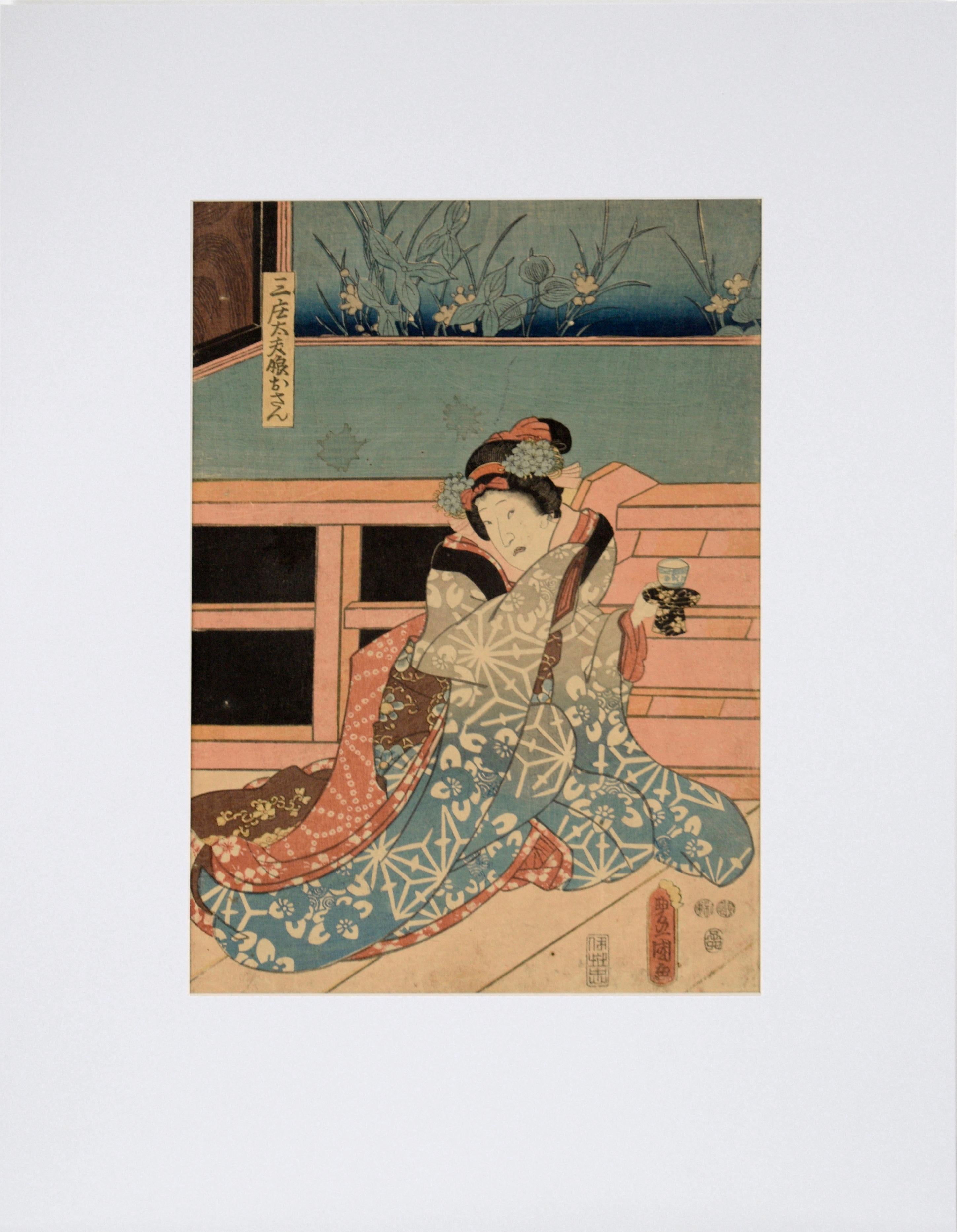 Utagawa Kunisada (Toyokuni III) Figurative Print - Woman Drinking Tea - Mid 19th Century Figurative Japanese Woodblock Print