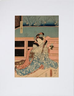 Woman Drinking Tea - Mid 19th Century Figurative Japanese Woodblock Print