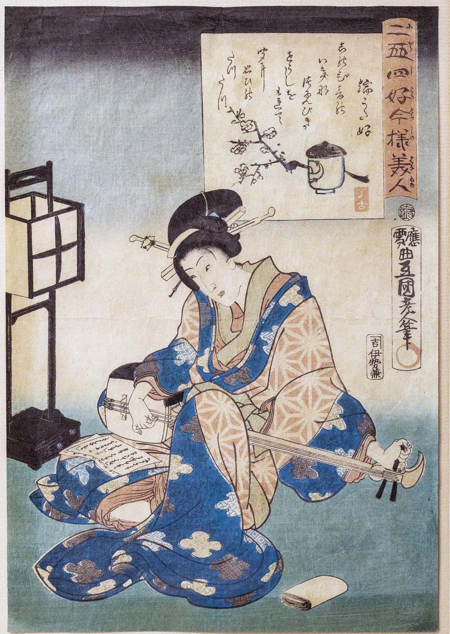 Women in Blue Kimono Playing Stringed Shamisen, Antique Japanese Woodblock Print
