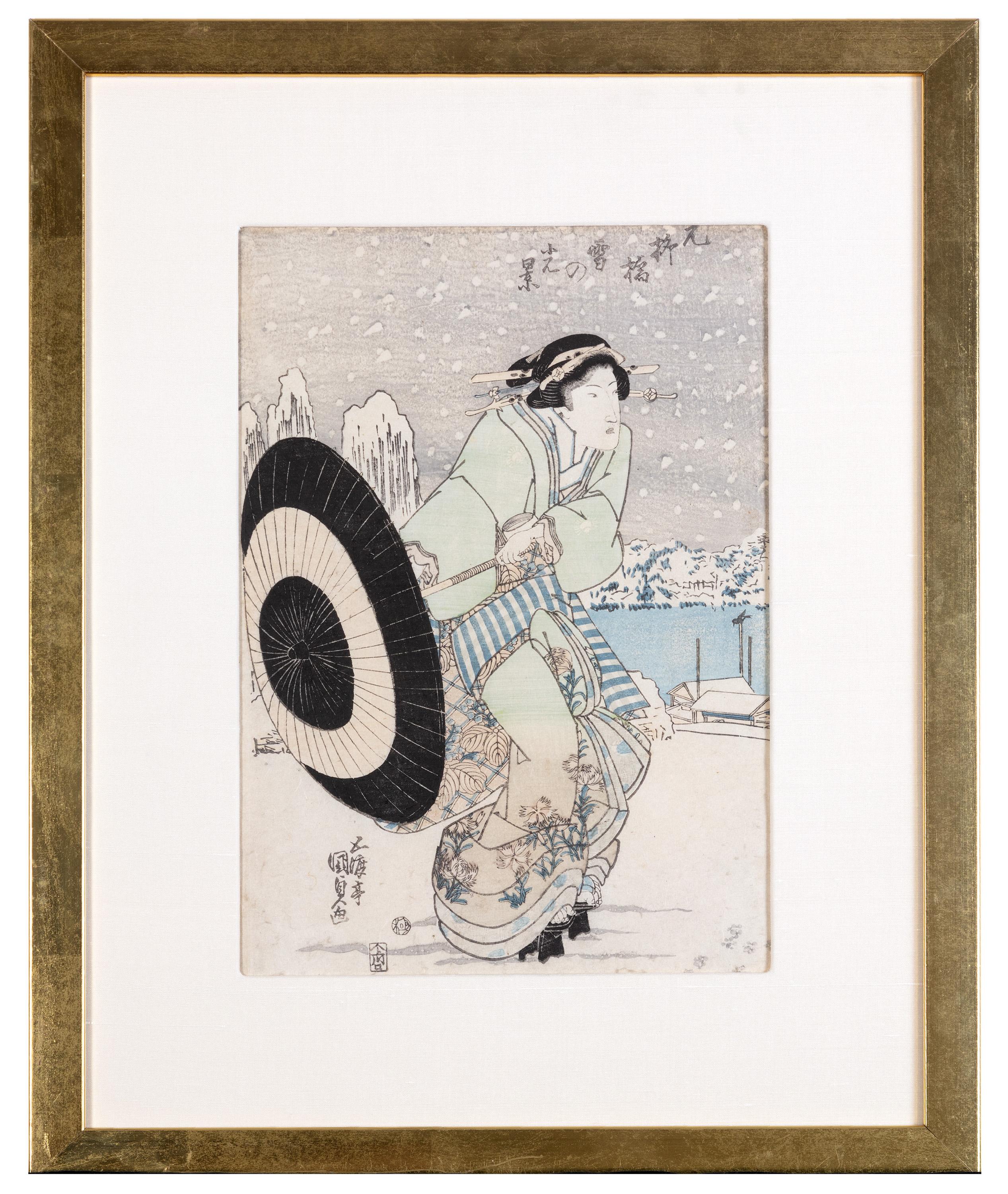 Utagawa Kunisada (Toyokuni III) Figurative Print - "Yanagibashi in Snow, " Color Woodcut Portrait with Umbrella