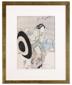 "Yanagibashi in Snow, " Color Woodcut Portrait with Umbrella