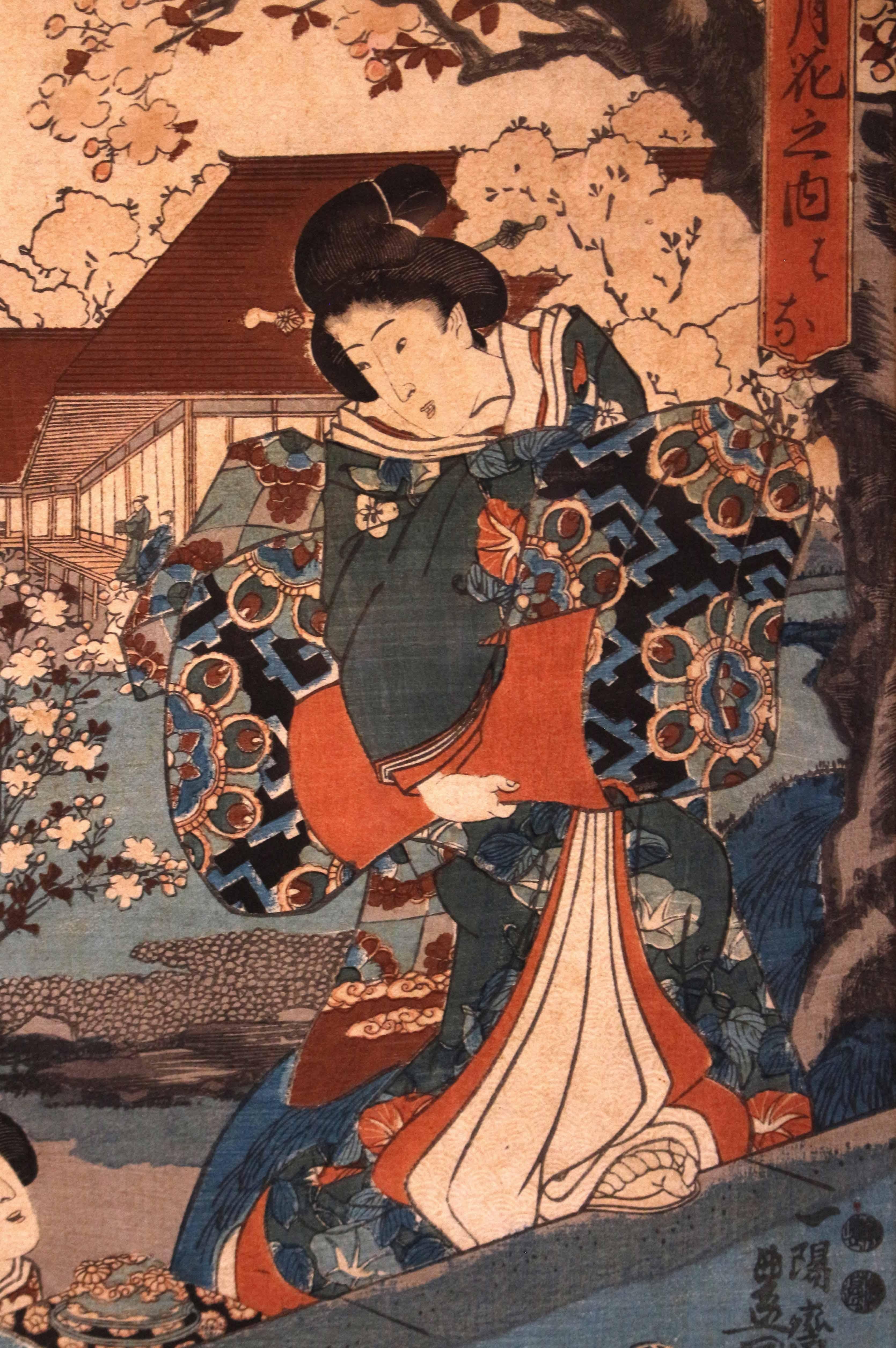 Wood Utagawa Kunisada woodblock Flowers (Hana) Triptych, c. 1847-52 For Sale