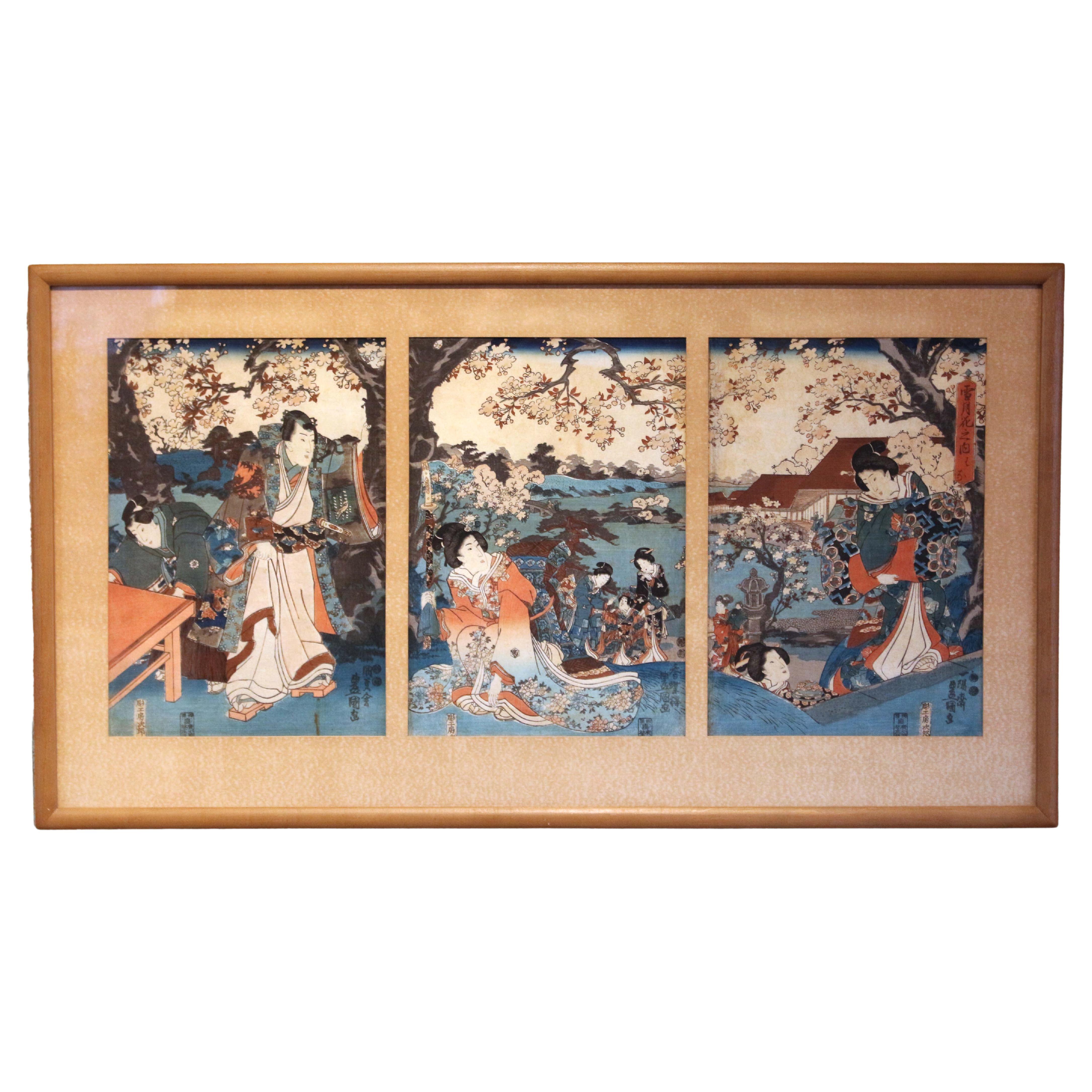 Utagawa Kunisada woodblock Flowers (Hana) Triptych, c. 1847-52 For Sale