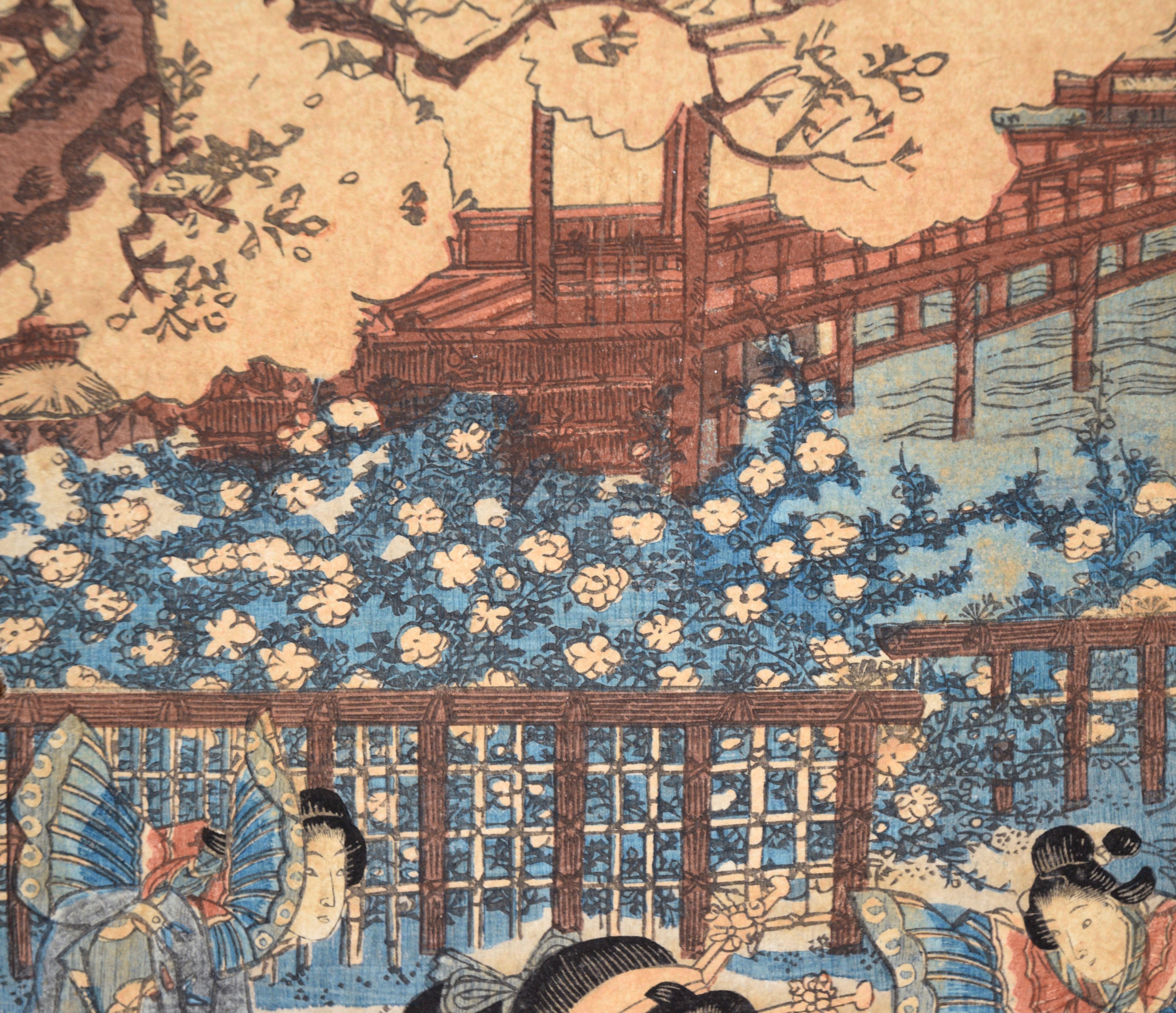 Las Cuatro Estaciones: Primavera Tríptico xilográfico japonés tinta sobre papel Cuentos de Genji en venta 5