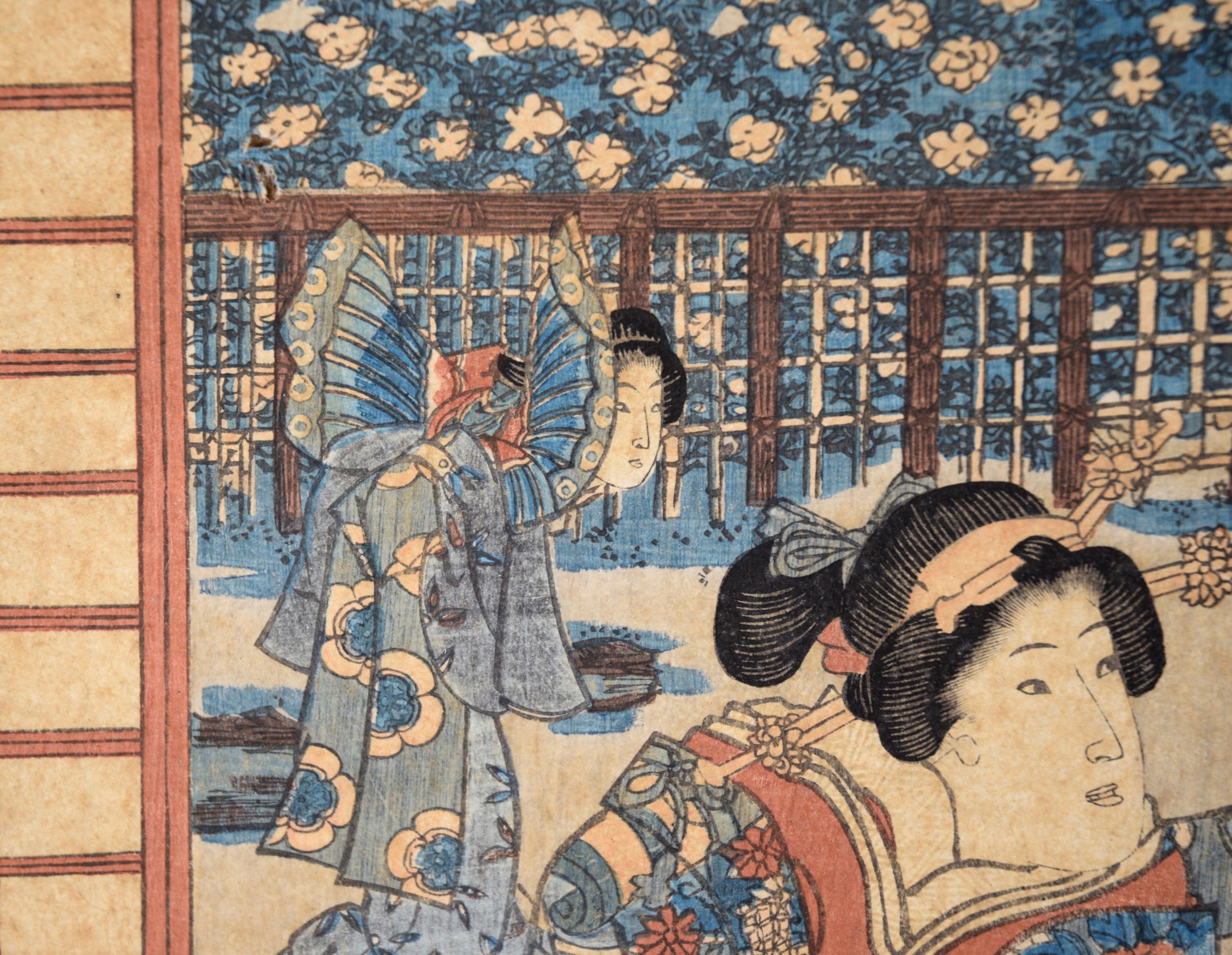 The Four Seasons: Spring Japanese Woodblock Triptyque encre on Paper Tales of Genji en vente 7