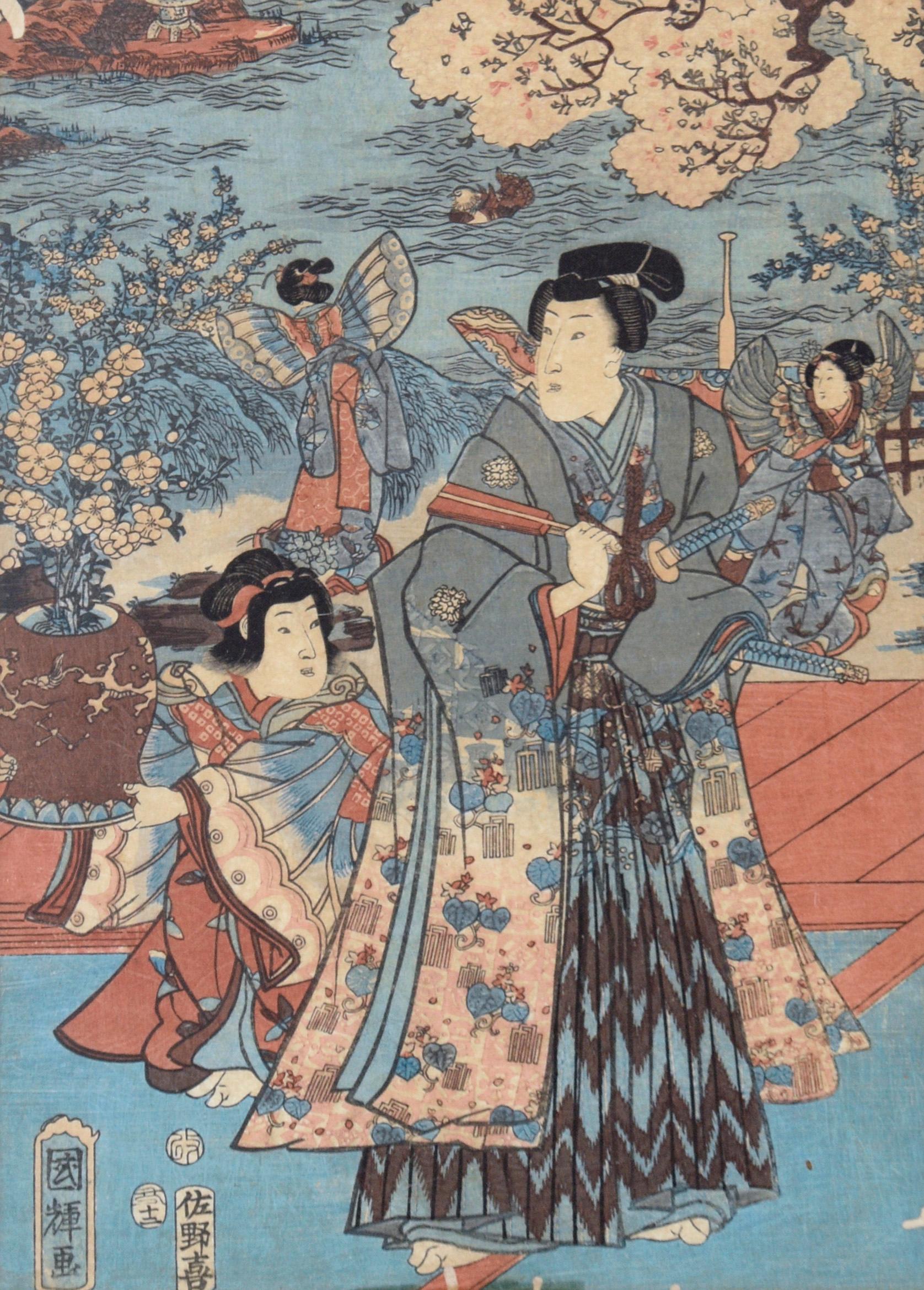 The Four Seasons: Spring Japanese Woodblock Triptych ink on Paper Tales of Genji For Sale 9