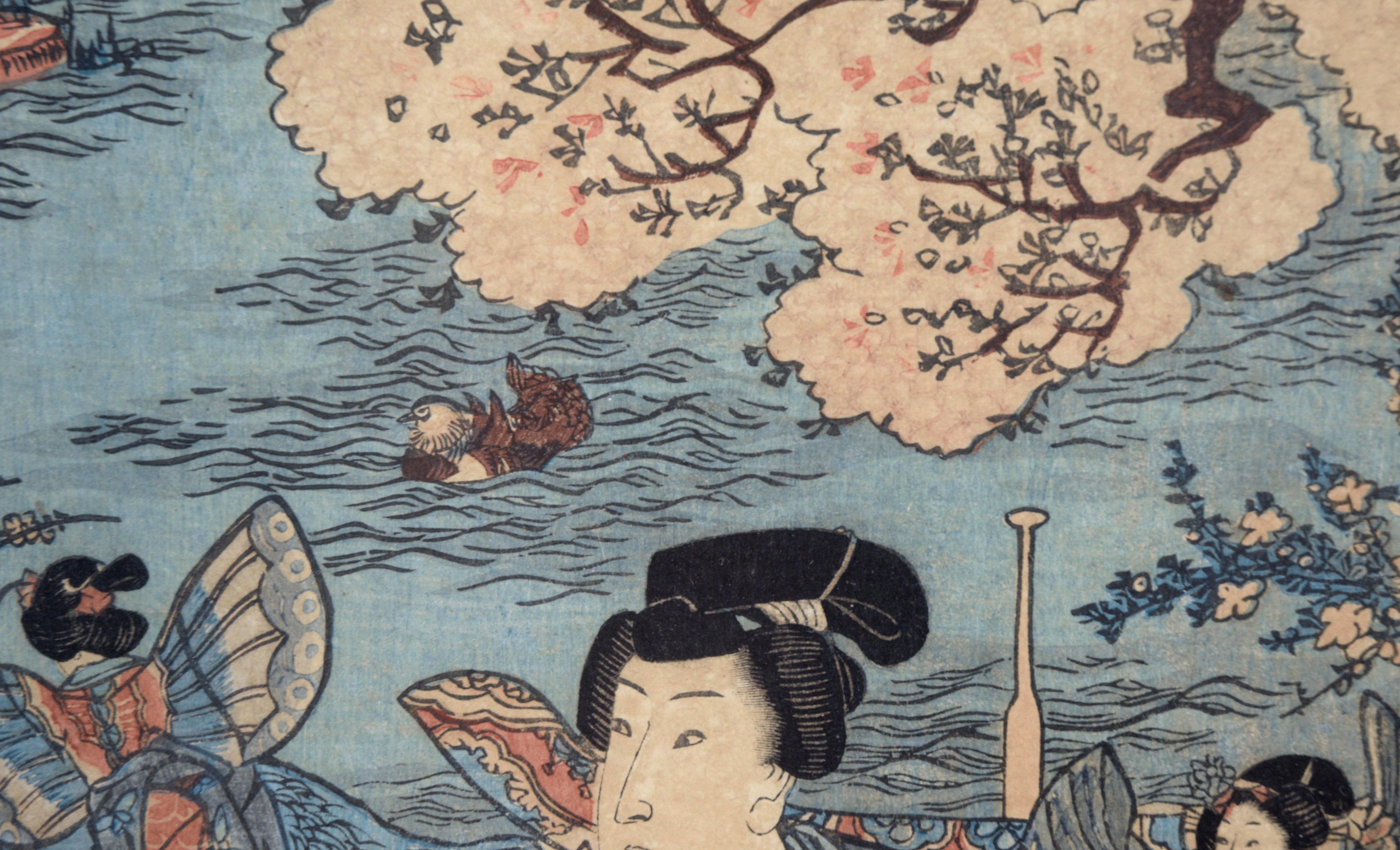 The Four Seasons: Spring Japanese Woodblock Triptych ink on Paper Tales of Genji For Sale 10