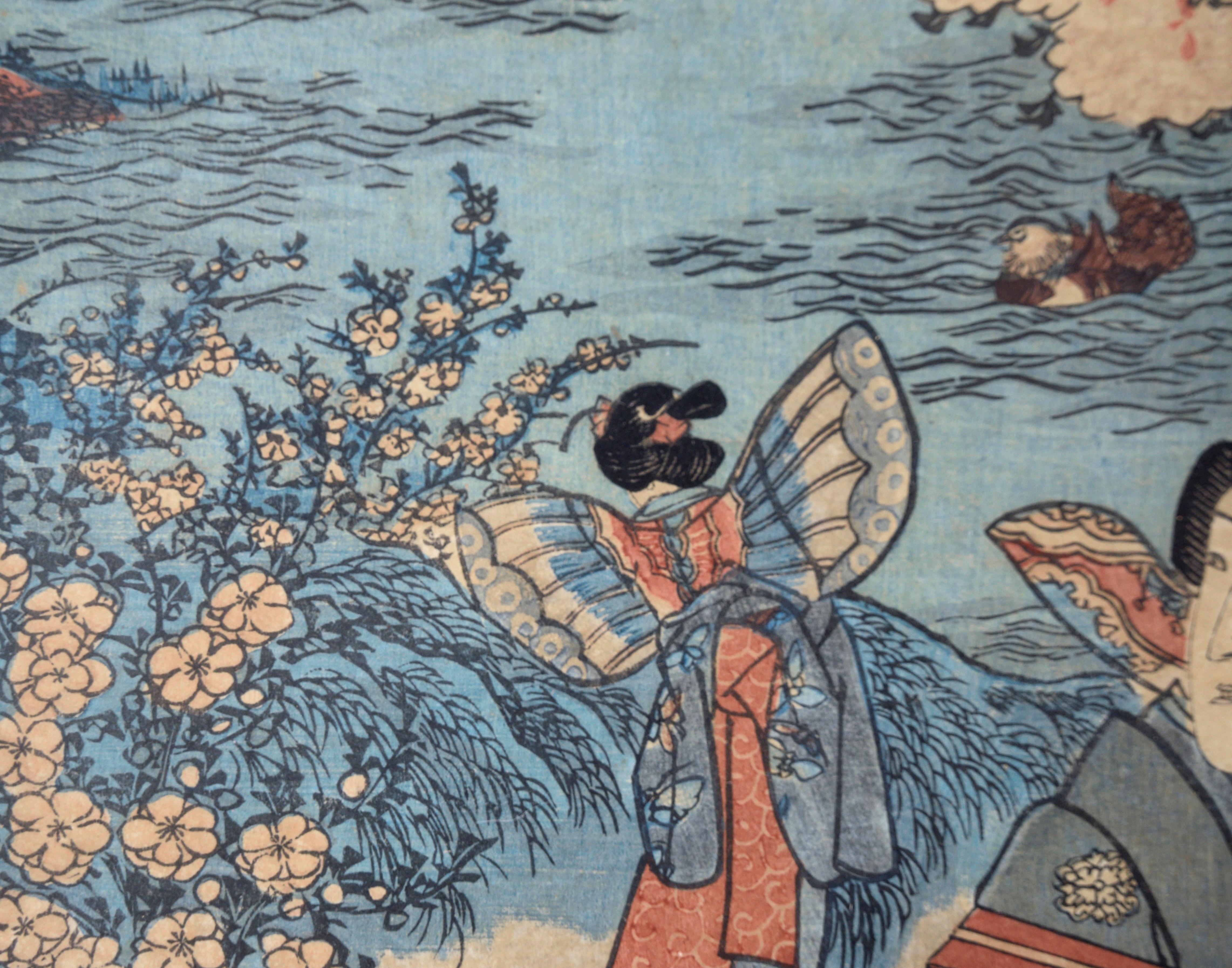 The Four Seasons: Spring Japanese Woodblock Triptyque encre on Paper Tales of Genji en vente 11