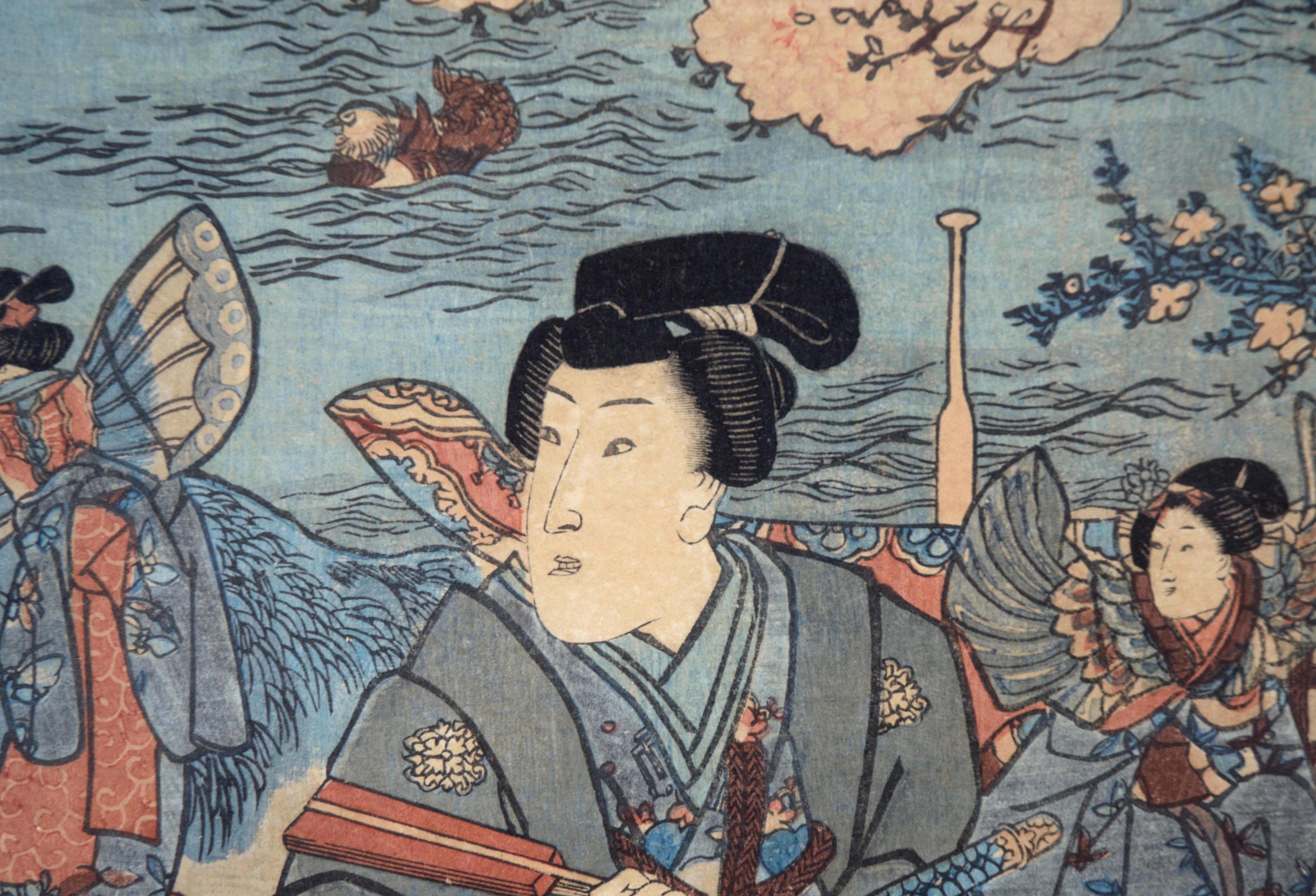 The Four Seasons: Spring Japanese Woodblock Triptyque encre on Paper Tales of Genji en vente 12