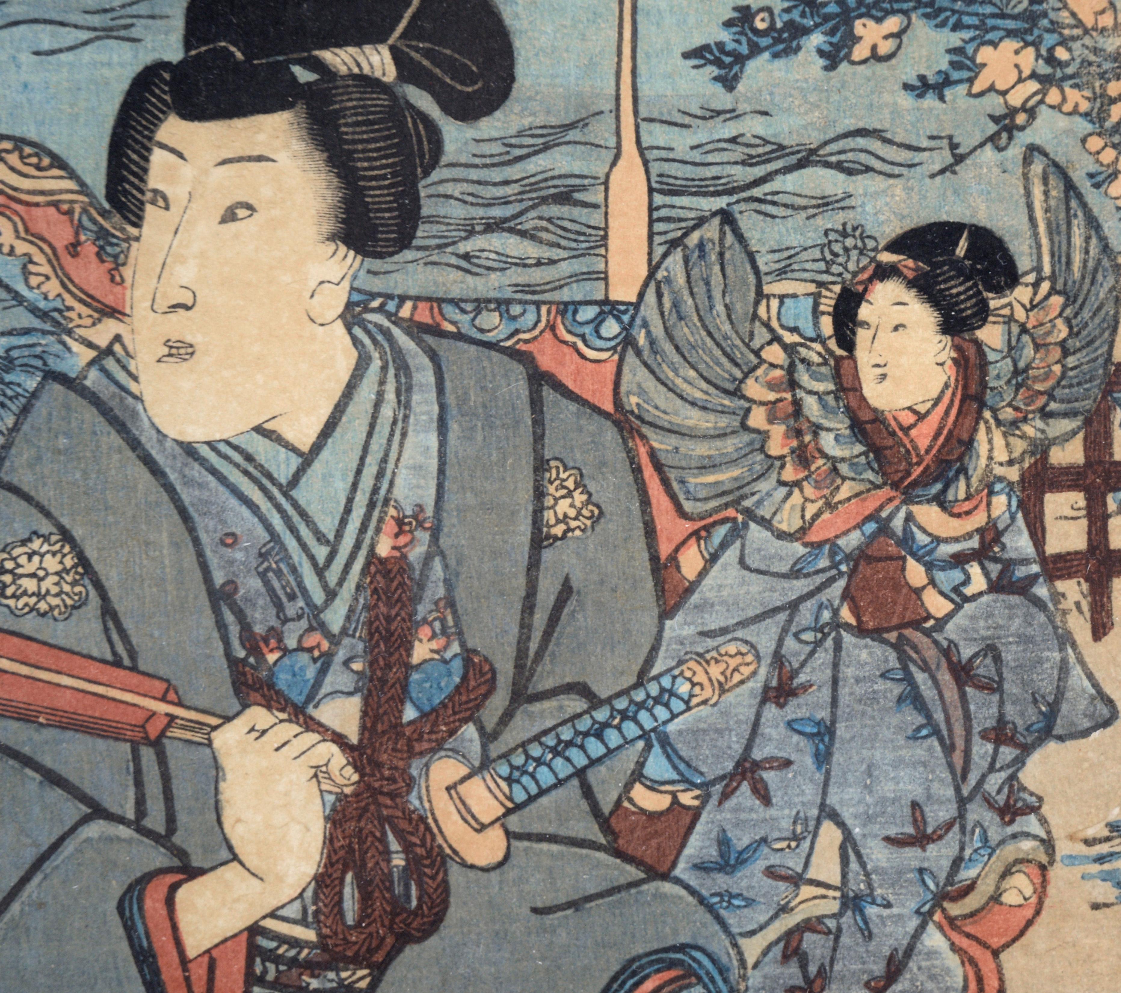 The Four Seasons: Spring Japanese Woodblock Triptyque encre on Paper Tales of Genji en vente 13