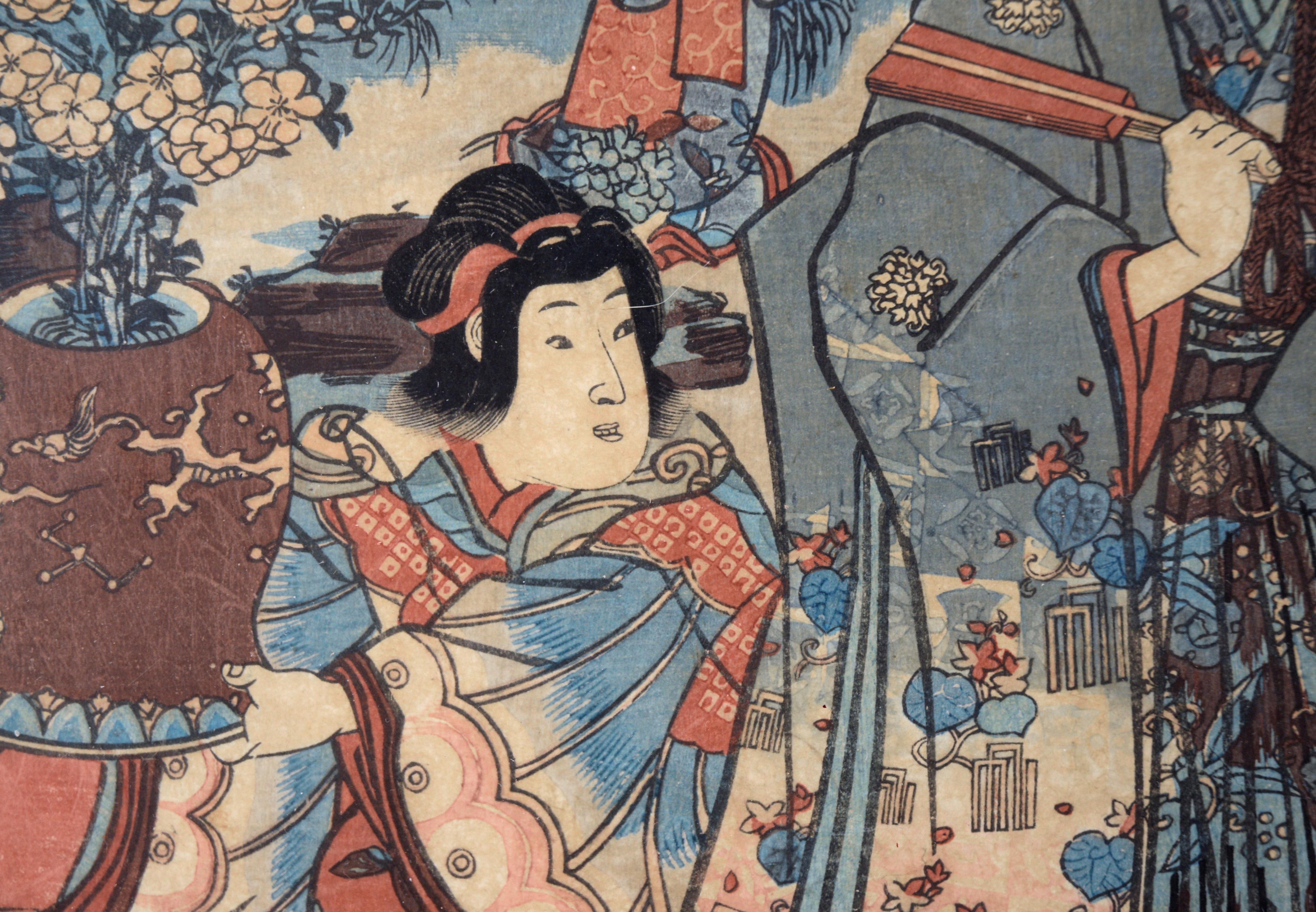 The Four Seasons: Spring Japanese Woodblock Triptyque encre on Paper Tales of Genji en vente 14