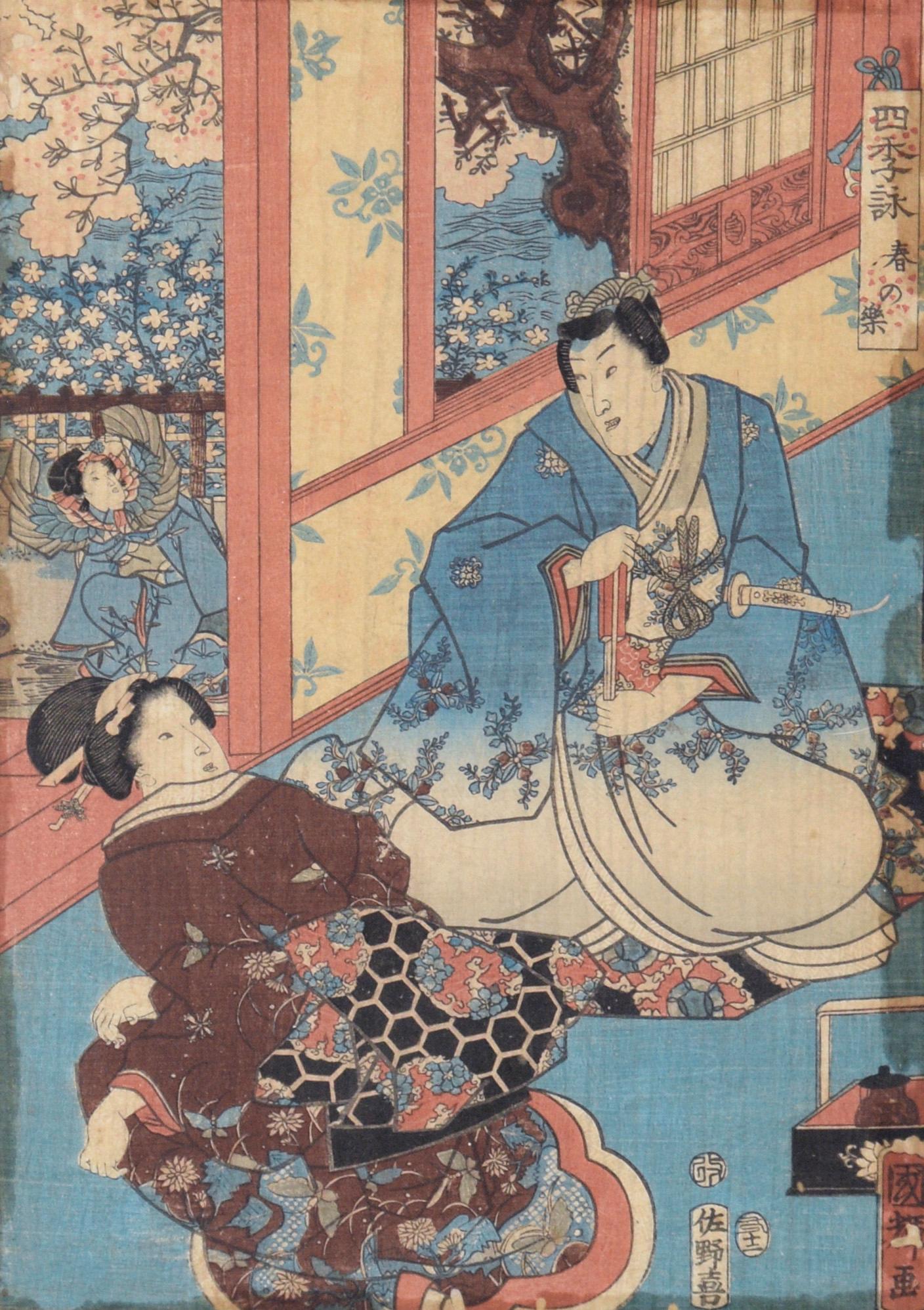 The Four Seasons: Spring Japanese Woodblock Triptych ink on Paper Tales of Genji - Print by Utagawa Kuniteru I