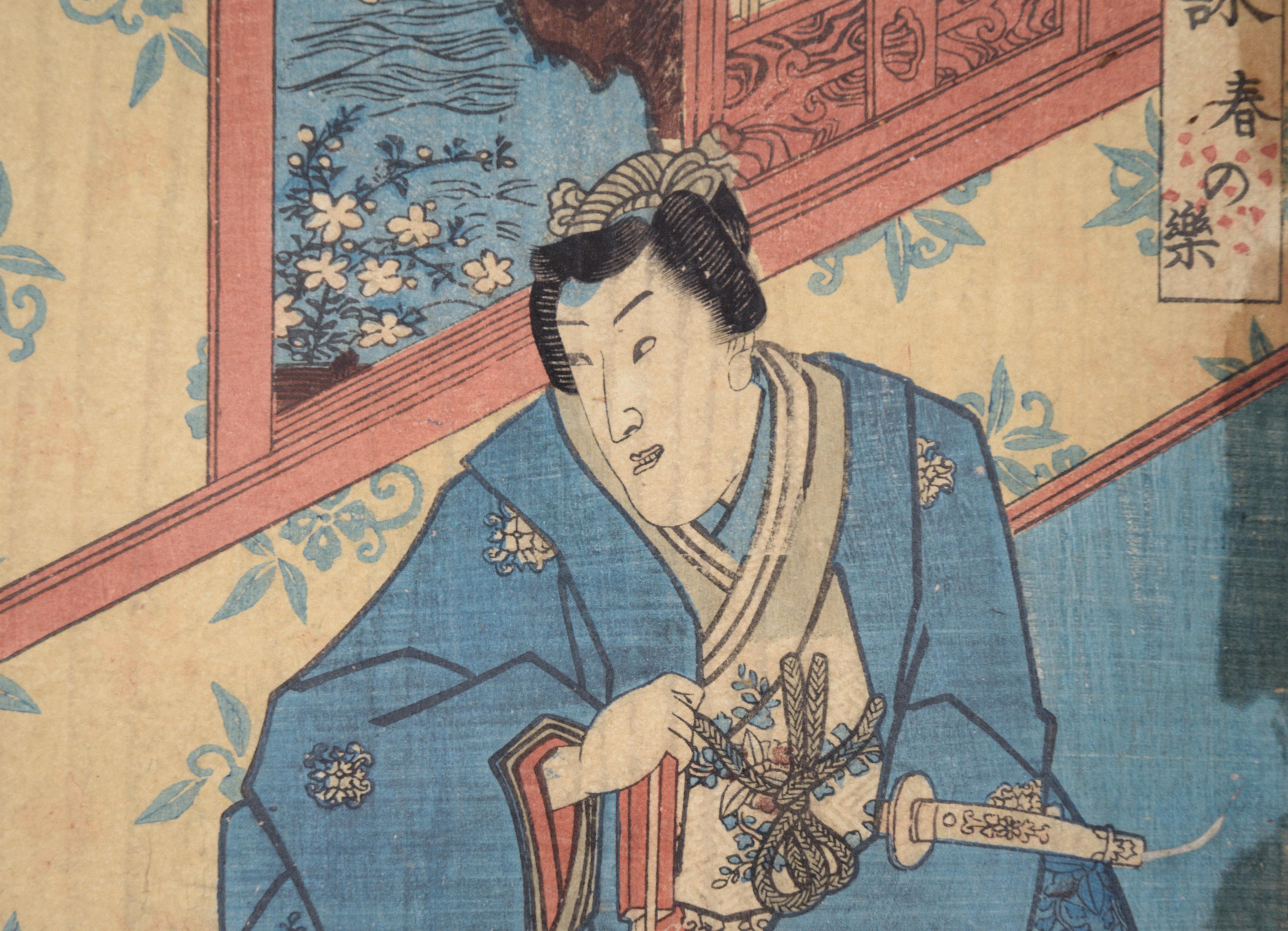 The Four Seasons: Spring Japanese Woodblock Triptych ink on Paper Tales of Genji - Edo Print by Utagawa Kuniteru I