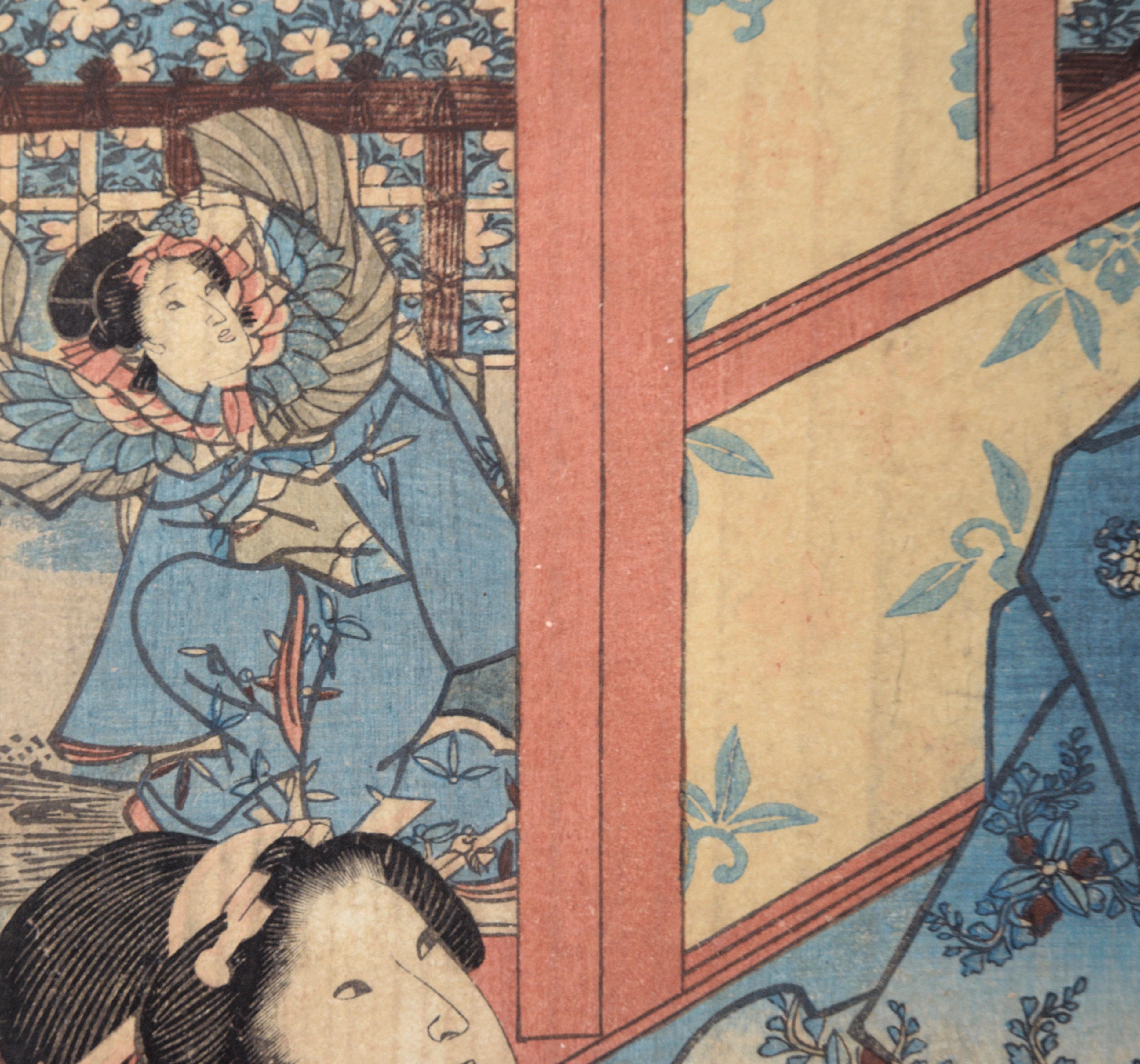 The Four Seasons: Spring - Japanese Woodblock Triptych in Ink on Paper

Colorful kabuki scene by Utagawa Kuniteru (Japanese, active 1818-1860). Attractive scene from the 