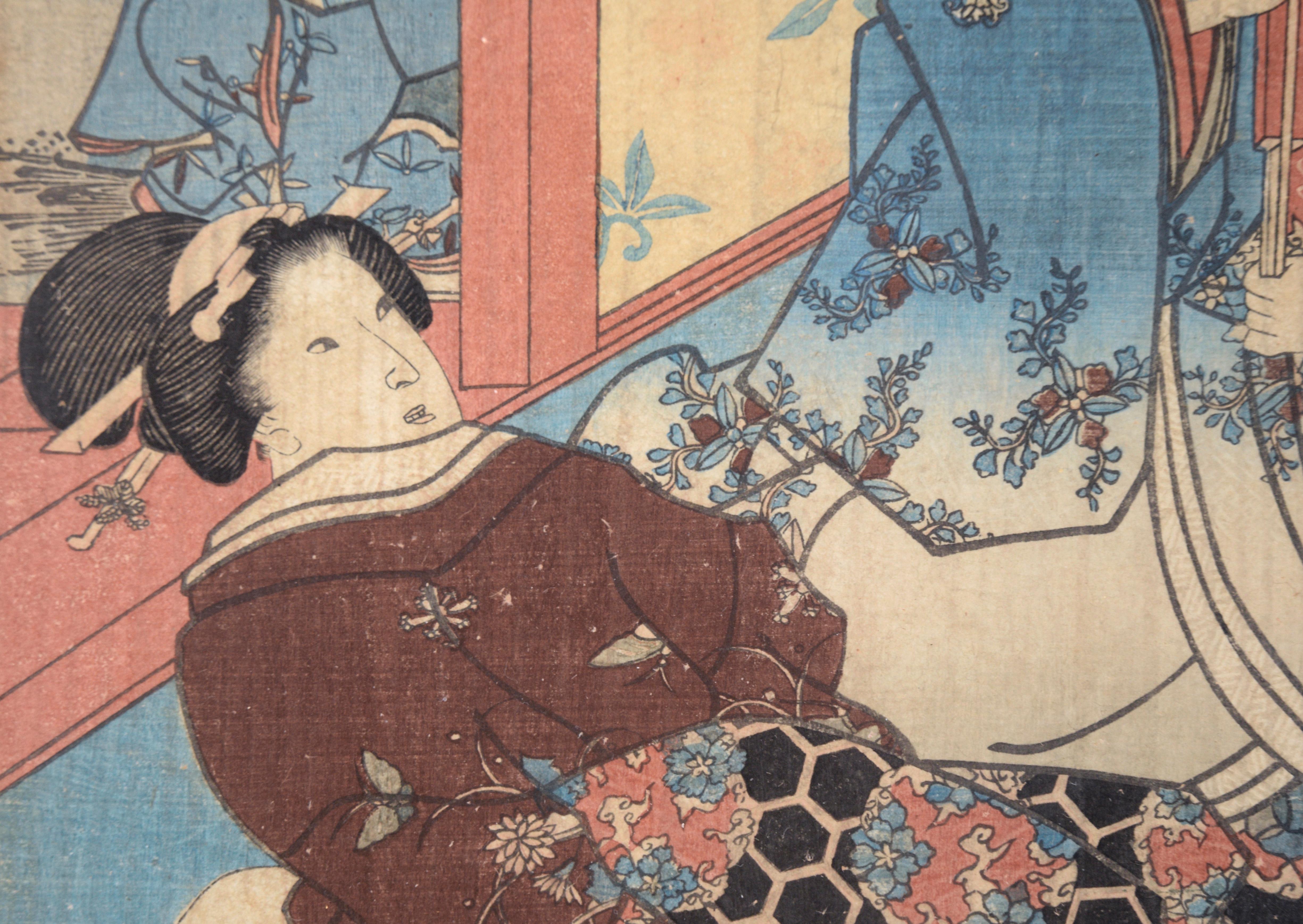 The Four Seasons: Spring Japanese Woodblock Triptyque encre on Paper Tales of Genji en vente 1