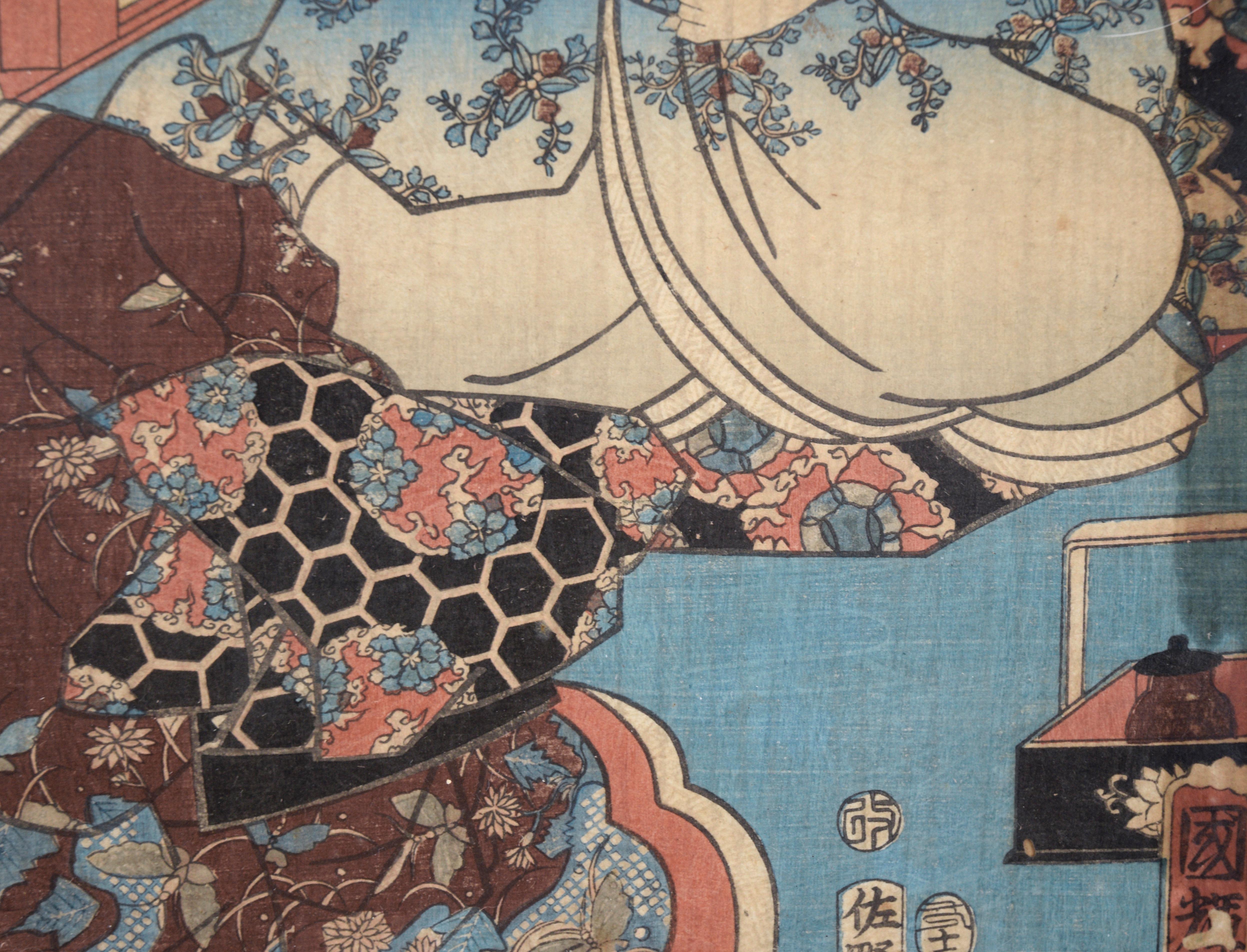 The Four Seasons: Spring Japanese Woodblock Triptyque encre on Paper Tales of Genji en vente 2