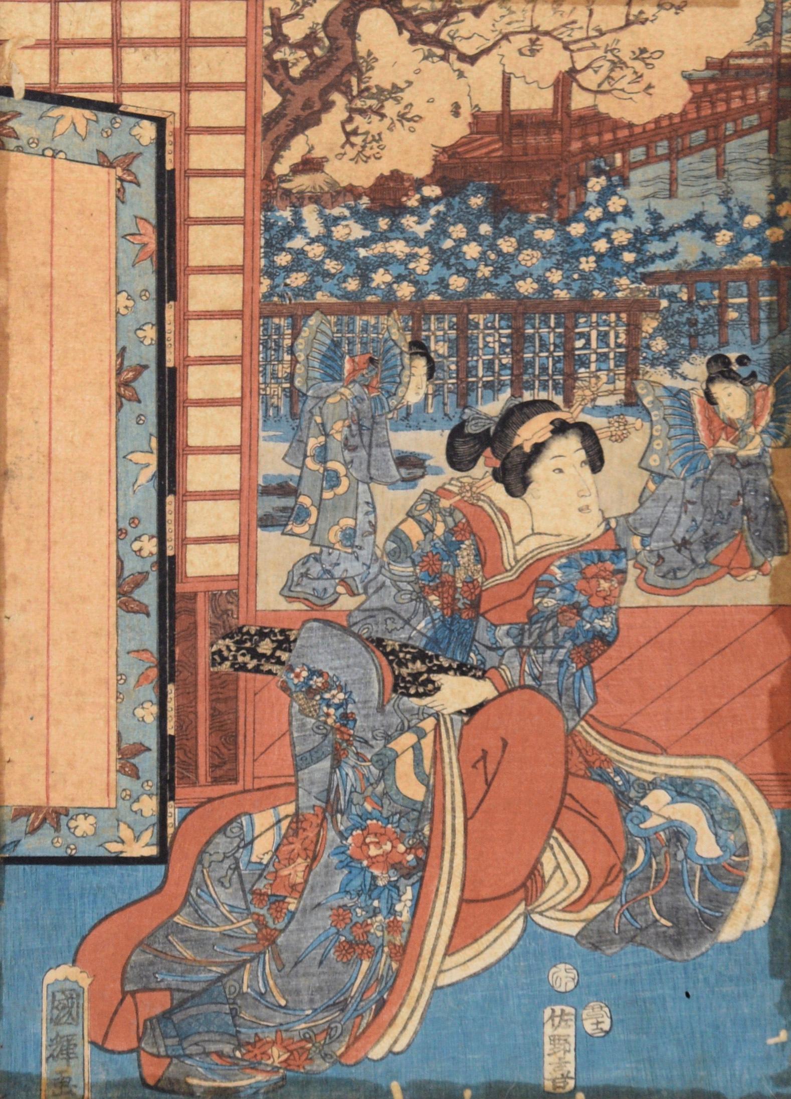 The Four Seasons: Spring Japanese Woodblock Triptyque encre on Paper Tales of Genji en vente 4