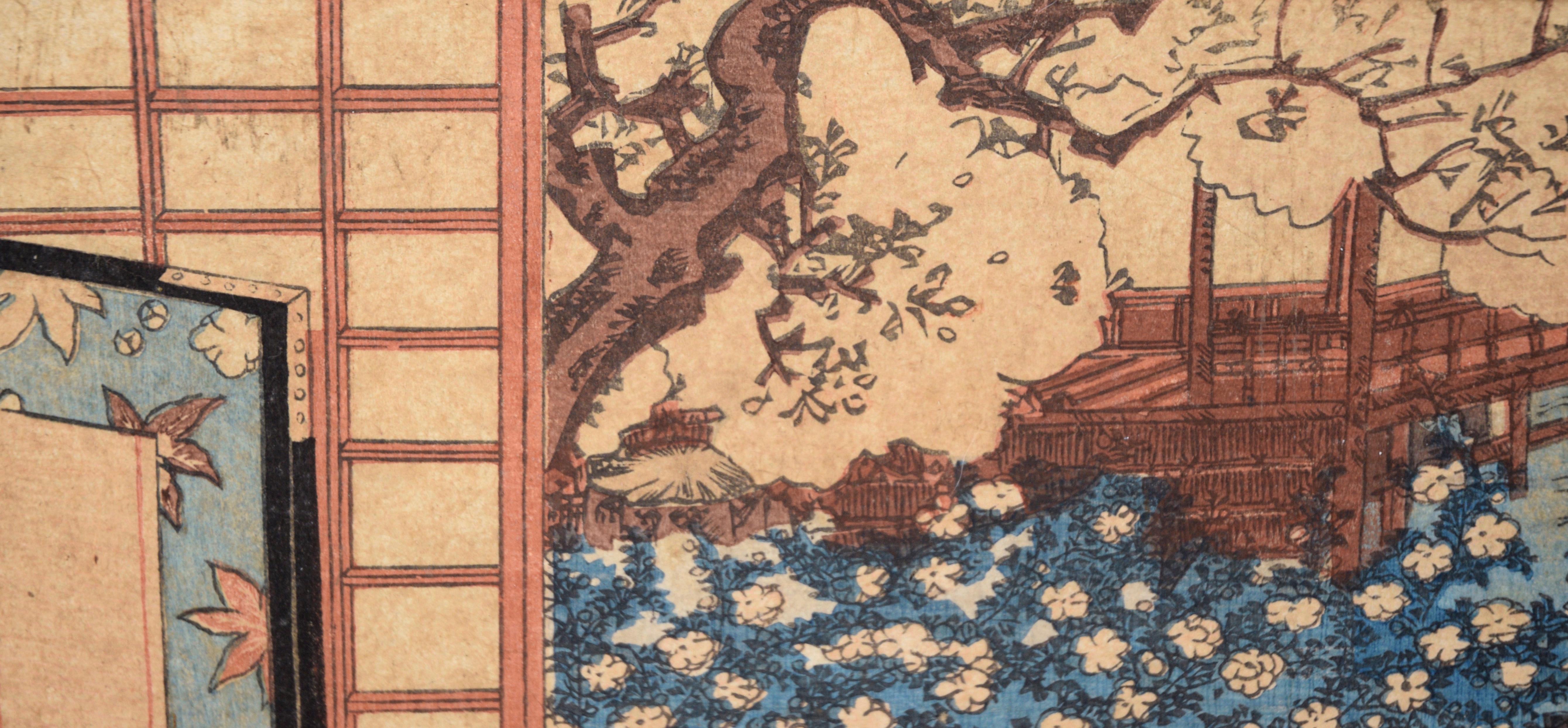 The Four Seasons: Spring Japanese Woodblock Triptyque encre on Paper Tales of Genji en vente 5