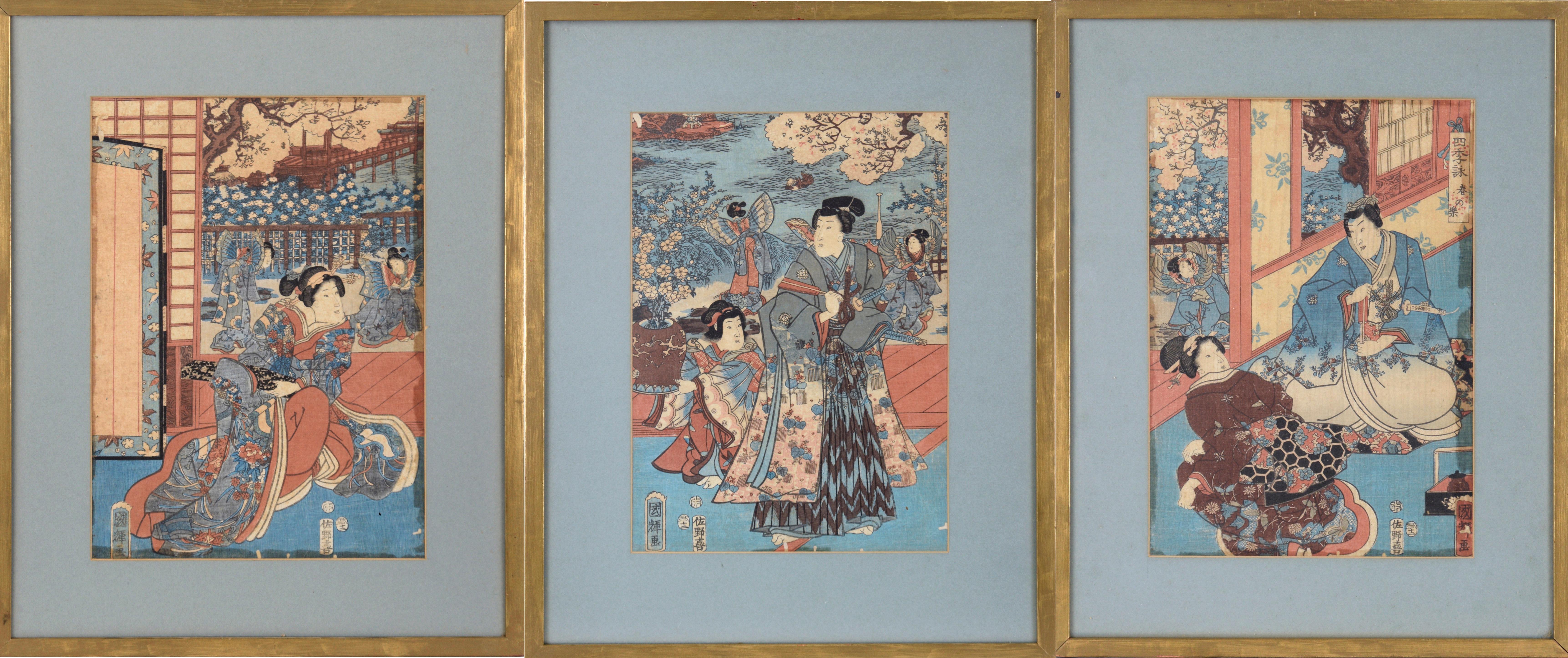 Utagawa Kuniteru I Figurative Print - The Four Seasons: Spring Japanese Woodblock Triptych ink on Paper Tales of Genji