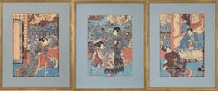 Antique The Four Seasons: Spring Japanese Woodblock Triptych ink on Paper Tales of Genji