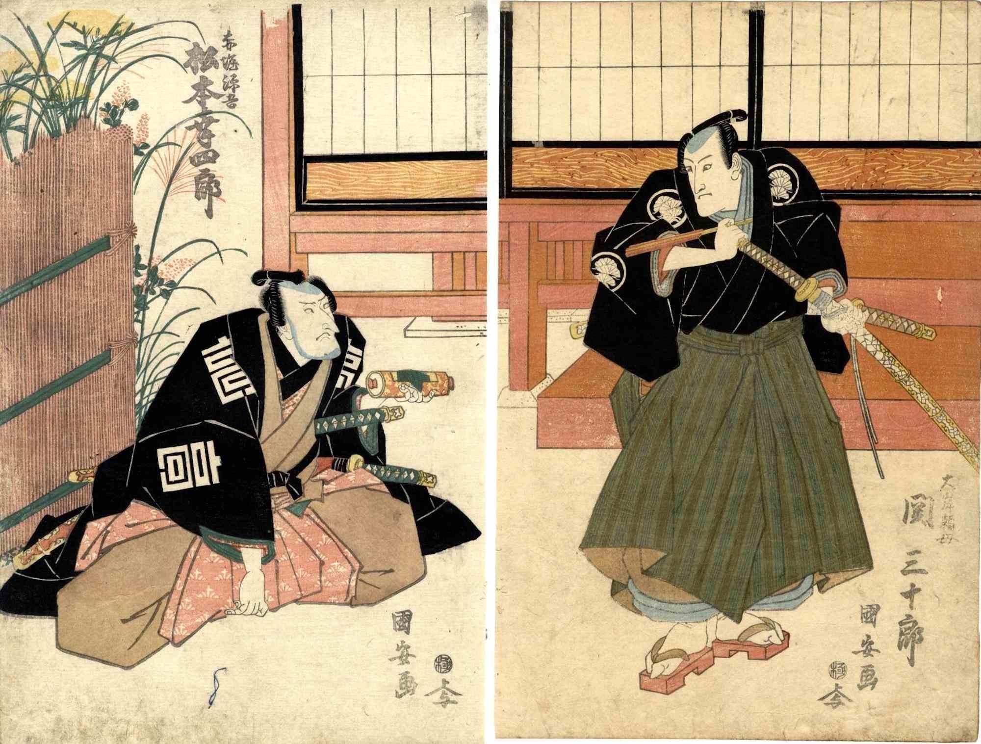 Treffen zweier Samurai  -  Holzschnittdruck von Utagawa Kuniyasu – 1820