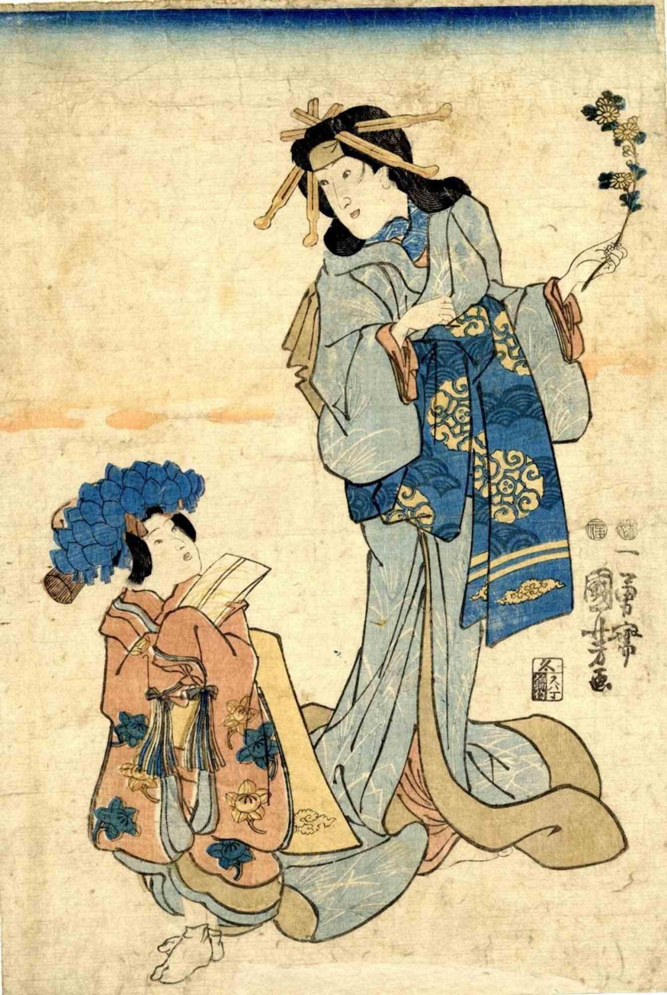 Acteur en rôle d'onnagata accompagné d'un kamuro est une œuvre d'art originale réalisée dans les années 1850 par Utagawa Kuniyoshi (1er janvier 1798- 14 avril 1861).

Gravure sur bois.

Sign. : Ichiyusai Kuniyoshi ga. Sceau de l'éditeur. Censure :